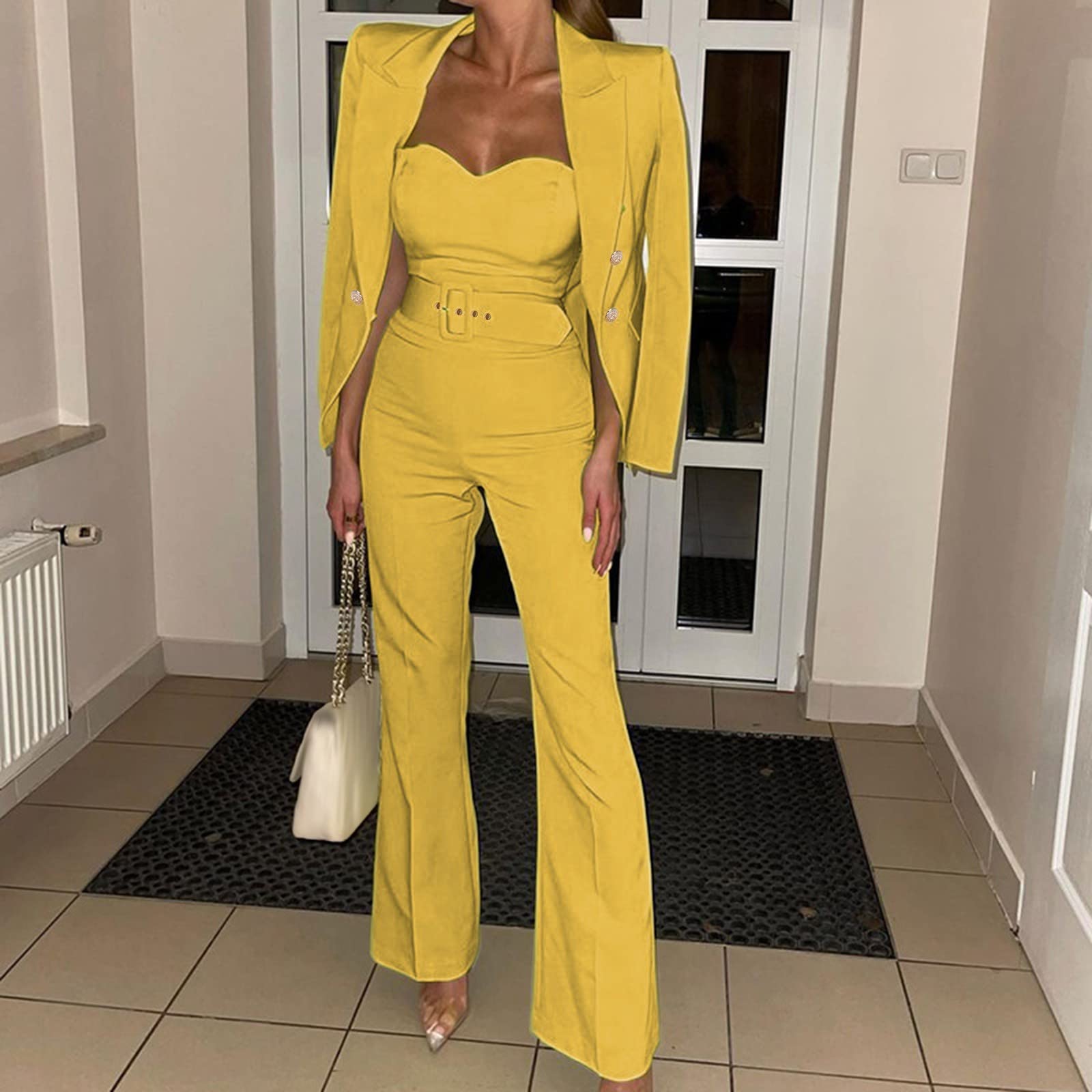 Completo Elegante Donna Con Pantalone Tailleur Ufficio Eleganti Manica Lunga Aperto Davanti Colletto Completo Due Pezzi Casual Complete Da Cocktail Blazer E Pantaloni Matrimonio Set Da Cerimonia
