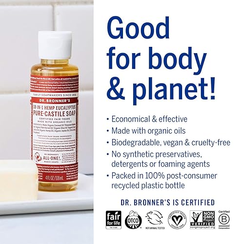 Miniatura 23 de Dr. Bronner's - Jabón líquido de castilla pura (Eucalipto, 2 onzas) - Hecho con aceites orgánicos, usos 18 en 1: cara, cuerpo, cabello, lavandería,