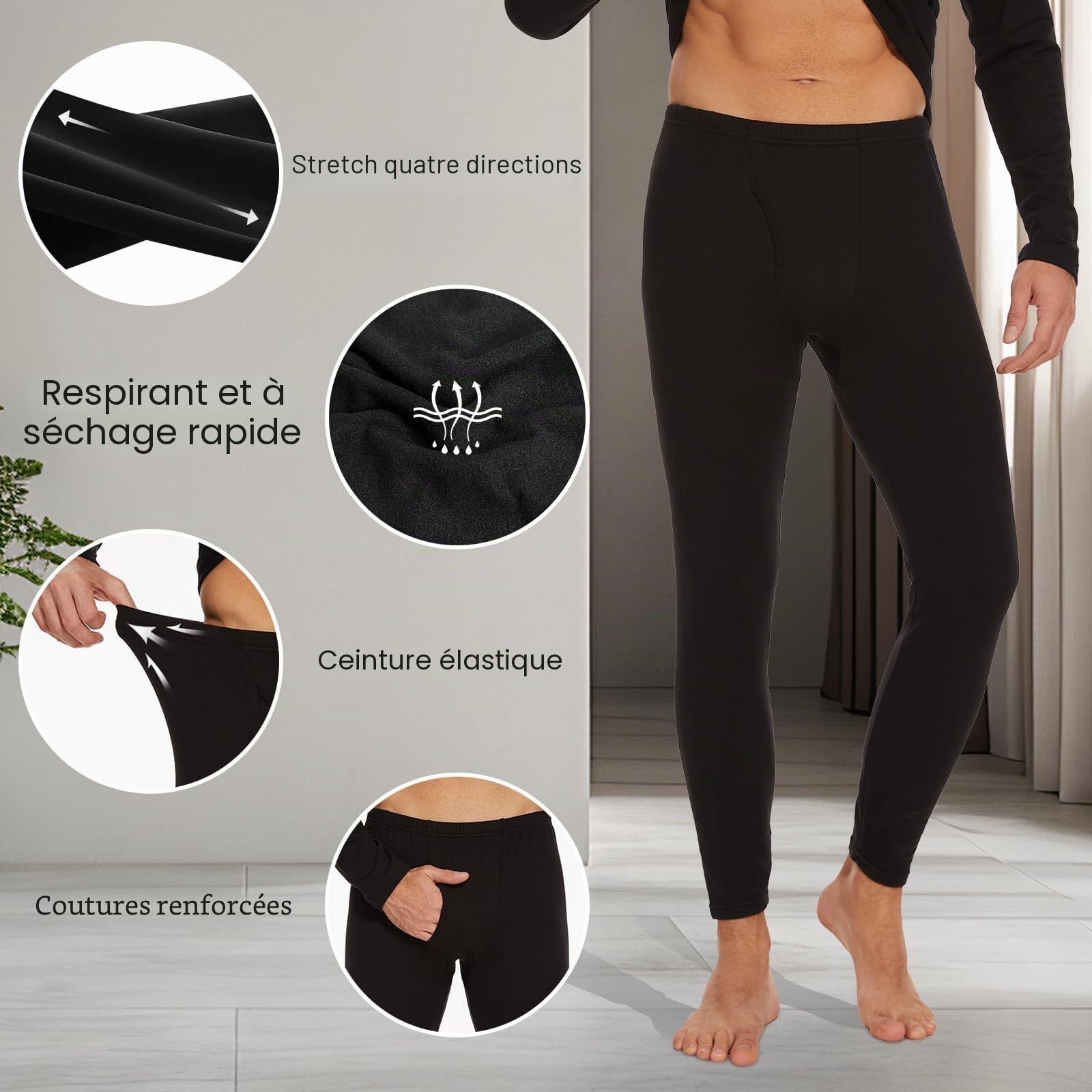 AMIYOYO Caleçon long thermique pour homme - Legging taille haute - Doux - Respirant - Chaud - Pantalon de jogging - Pantalon de ski pour l'hiver