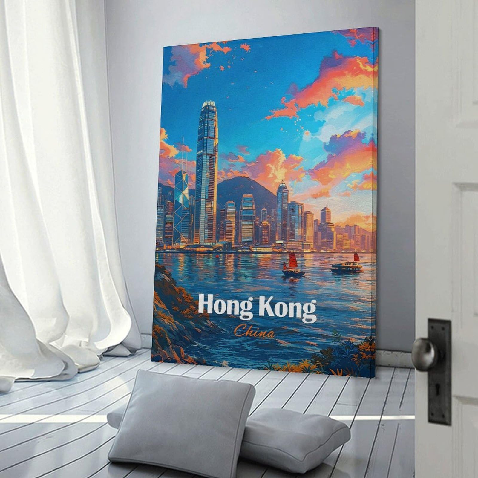 Junmoney Frame-Style-2-1 Canvas Wall Picture Hong Kong Skyline At Sunset(2), 20X30inch(50X75cm), For Bedroom, Lounge Or Dressing Area, Stylish Decor For A Restful Room Update