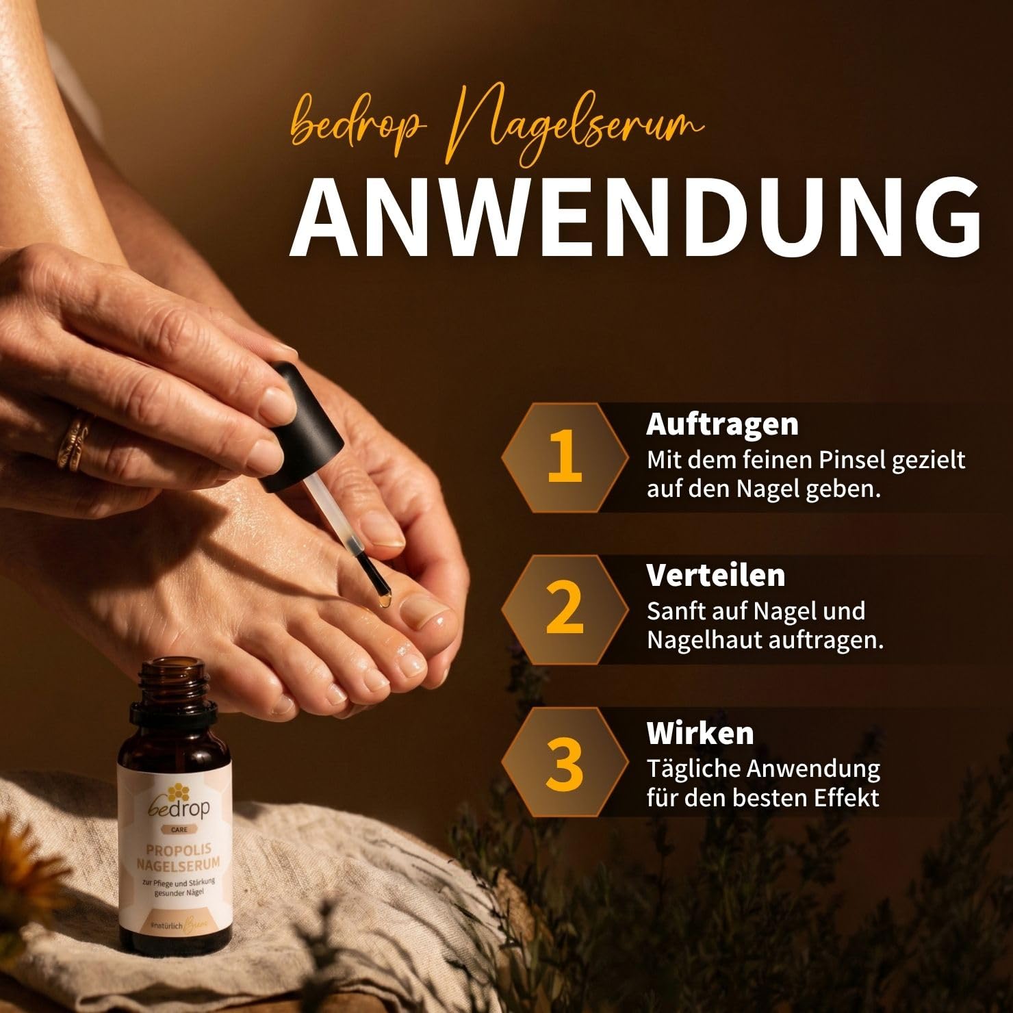 bedrop Propolis Nagelserum - hochdosierte Pflege der Haut bei Nagelproblemen I Nail Care Formel mit Teebaumöl I Schnelle & Intensive Wirkung - 10ml