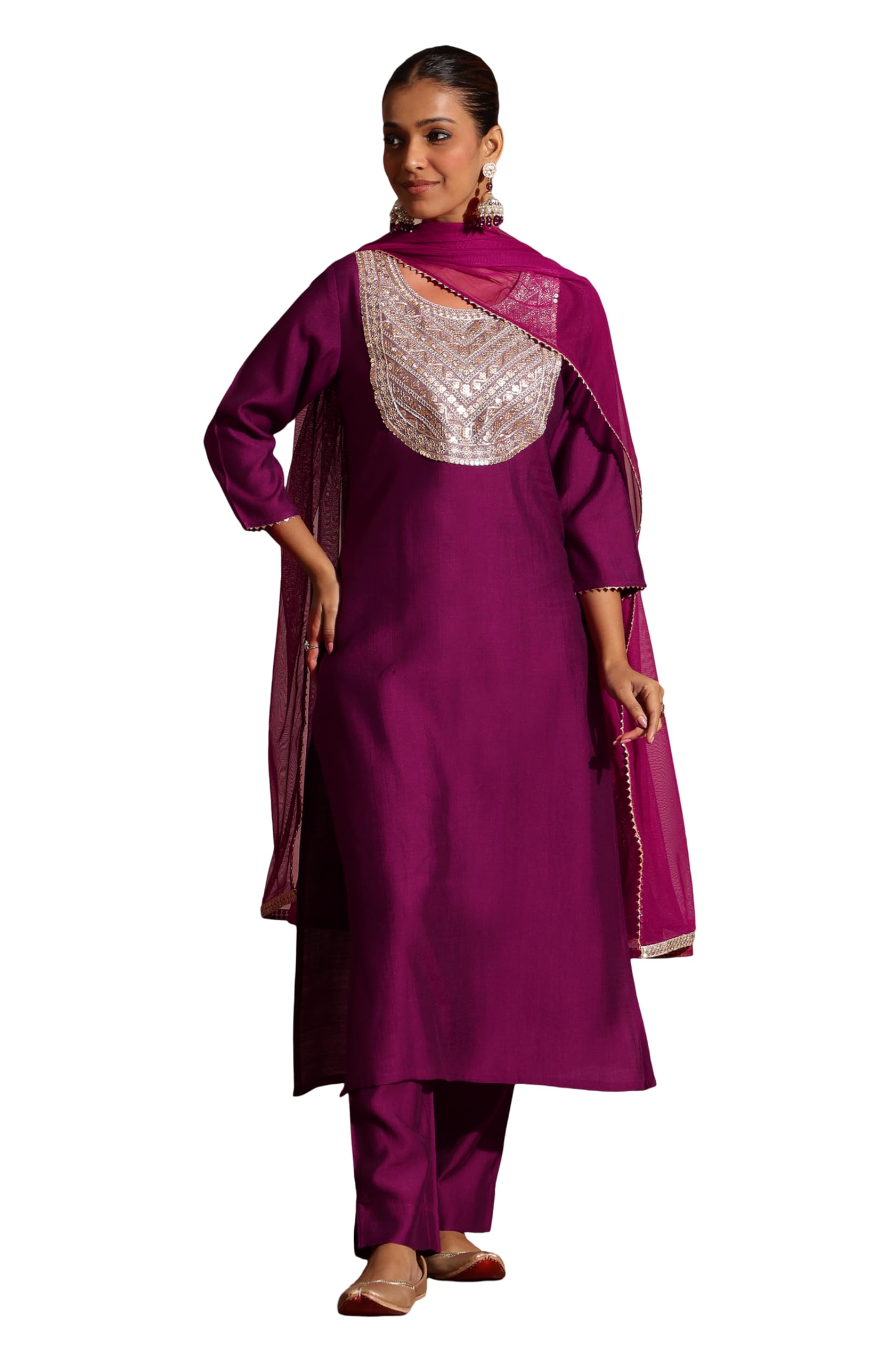 janasya Women's Purple Silk Blend Embellished Straight Kurta Set-picture-16