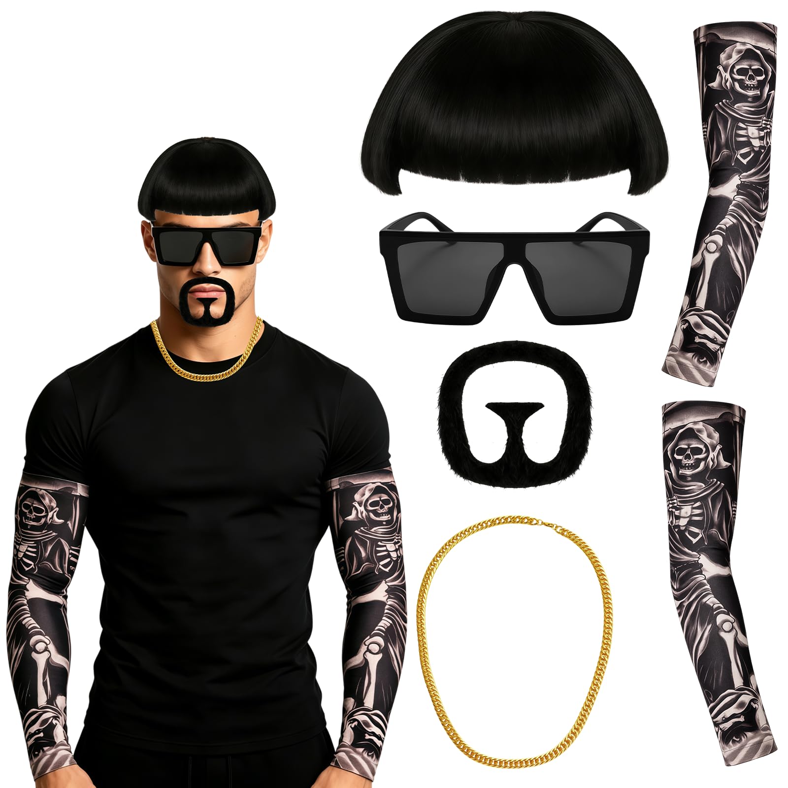 MFUOE Final Boss Meme Costume Set Big Boss Black Bowl Cut Wig Sunglasses Gold Chain Goatee Mustache Tattoo Sleeves for Carnival Party Festivals Themed Events