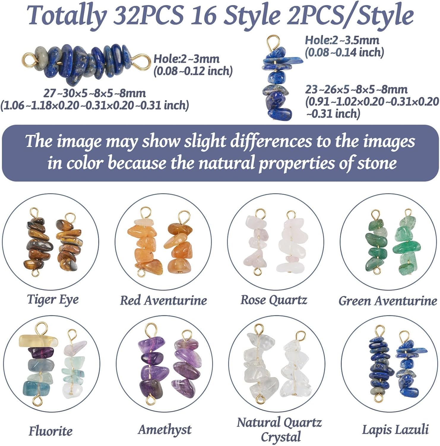 32Pcs Natural Gemstone Chips Connector Charms Mixed Color Crystal Stone Link Pendants 23-30mm 16 Styles for Bracelet Necklace Earring Jewelry Making DIY Craft Home Decor - Image 2