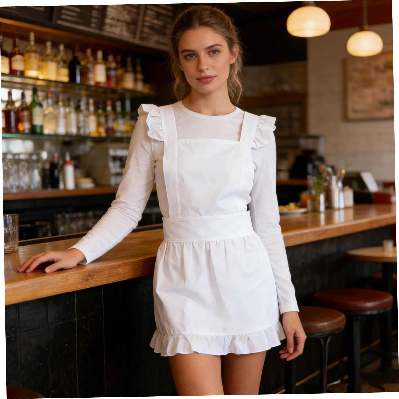 TOYANDONA Grembiule da Cameriera Bianco da Donna con Tasche Regolabile 79,3 X 40 Cm, Grembiule da Servizio Retrò per Ristorante, Cucina e Pasticceria