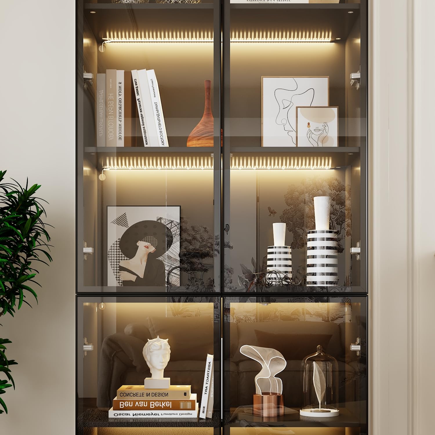 Vitrina de cristal con iluminación, vitrina colectora, vitrina de pie, vitrina de cristal, color negro, 175,5 x 50 x 23 cm, cristal templado + marco de aluminio