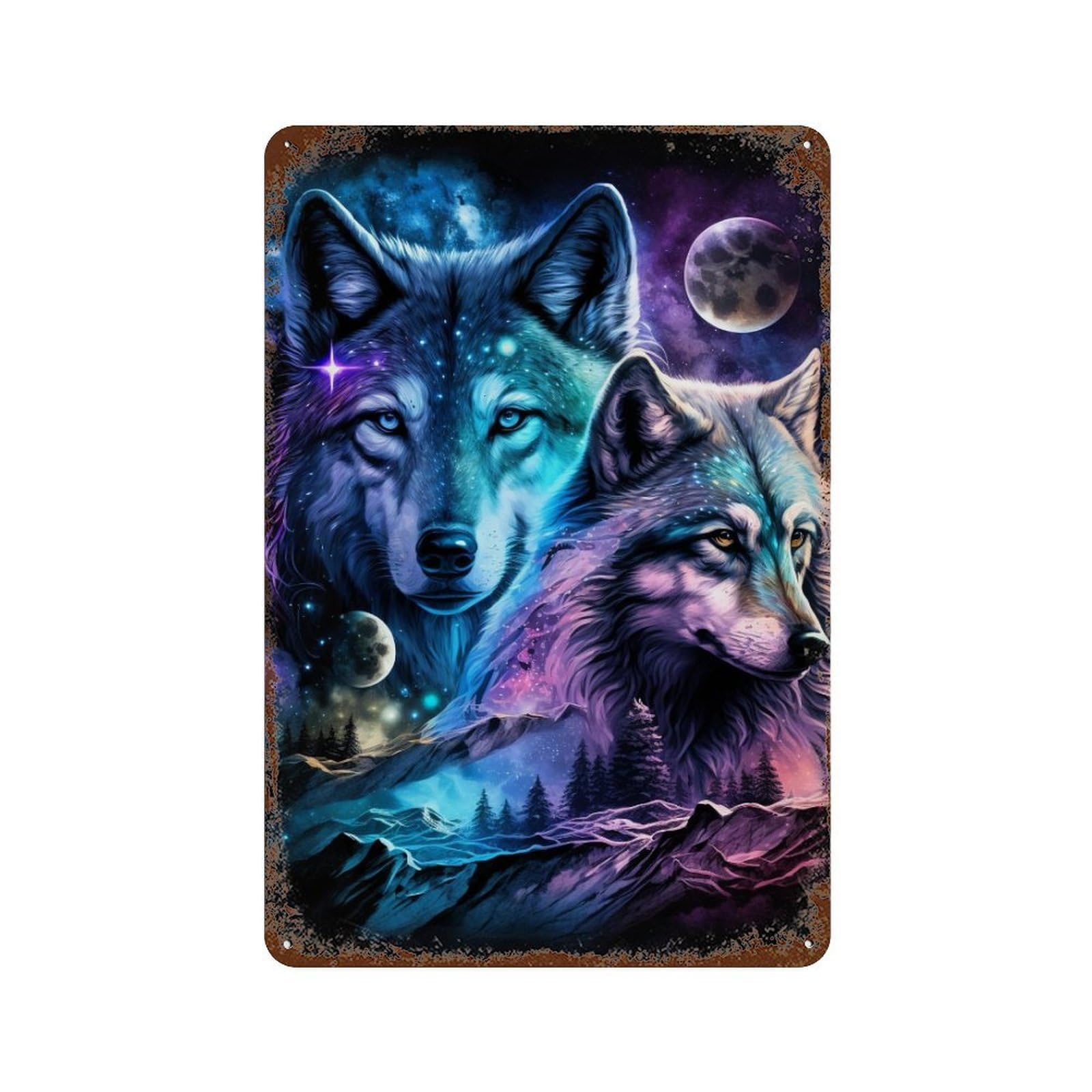 Galactic Wolf Duo Retro Metal Sign 11.8"x7.9", Shabby Chic Decor for Bistro, Counter And Cafe Decor