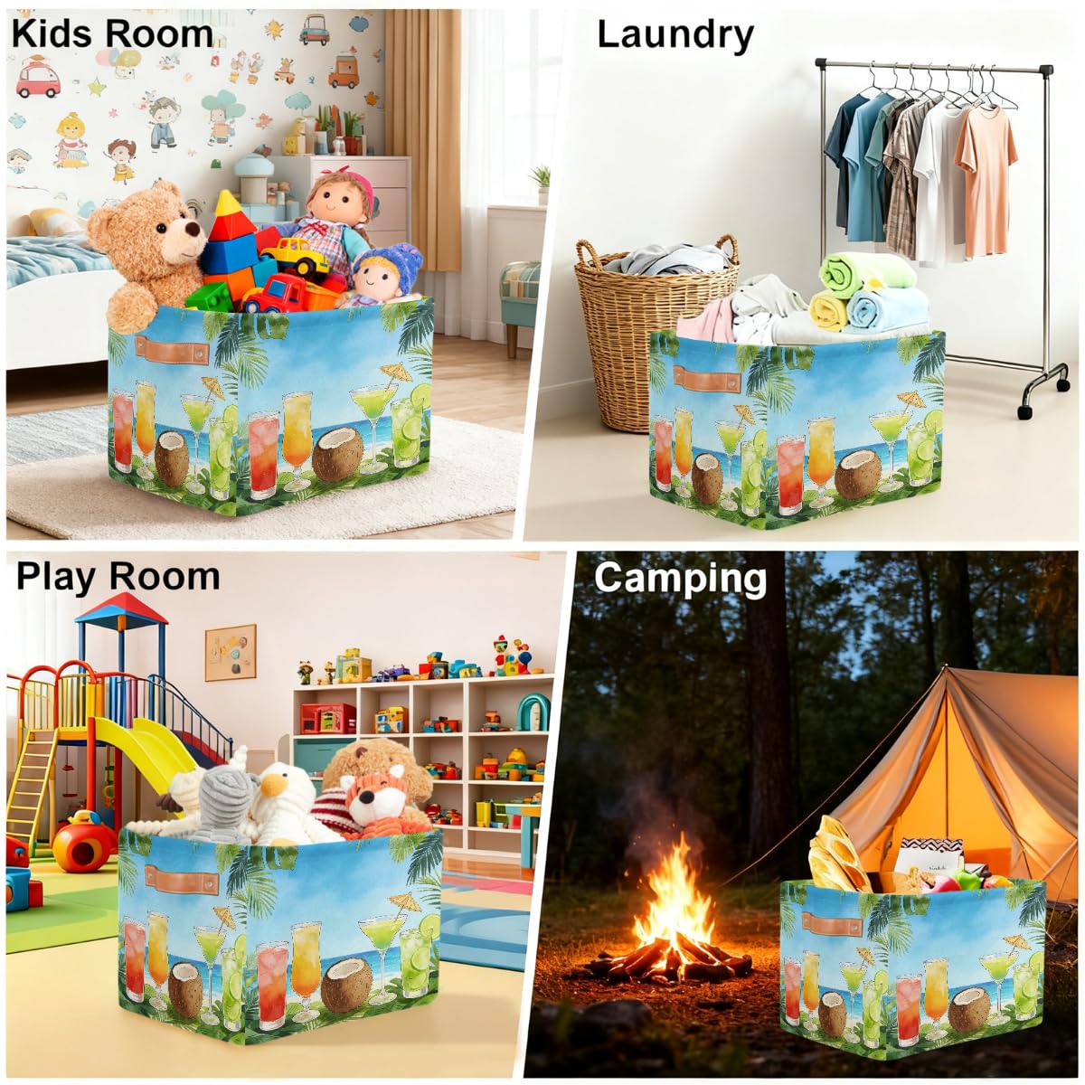 Sommer-Cocktail-Aufbewahrungskorb aus Kokosnuss, rechteckig, mit Ledergriffen, faltbarer Stoff-Aufbewahrungskorb für Schrank, Badezimmer, Wohnzimmer, Büro, Spielzeug, Organizer, Wäschekorb, 2