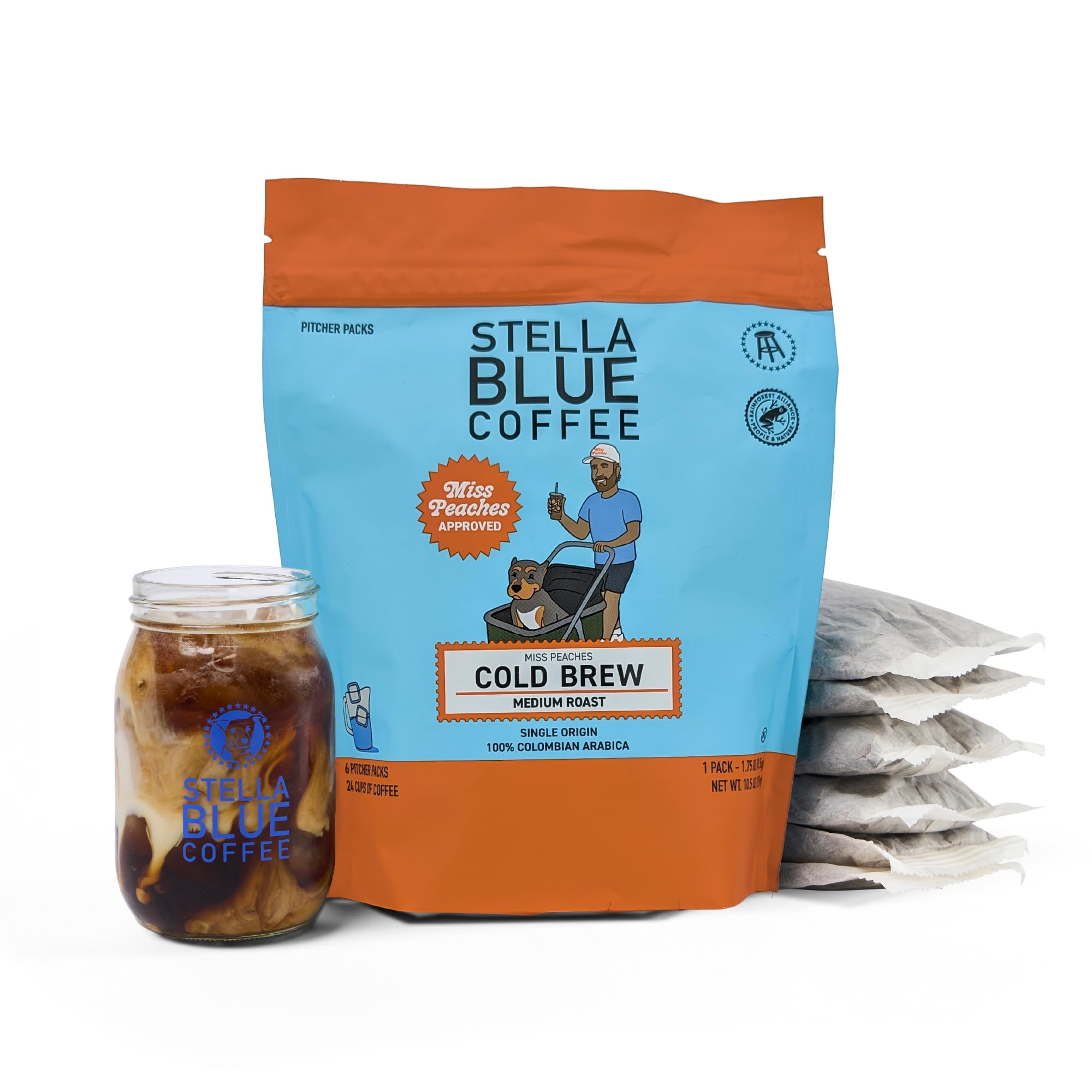Stella Blue Cold Brew Coffee Packets, Miss Peaches Blend, Medium Roast Ground Coffee, Citrus, Carmel with Sweet Fruity Notes, 100% Arabica, 6 Brew Packets, Makes 24 Bold CupsRainforest AllianceRainforest AllianceRainforest AllianceRainforest Alliance