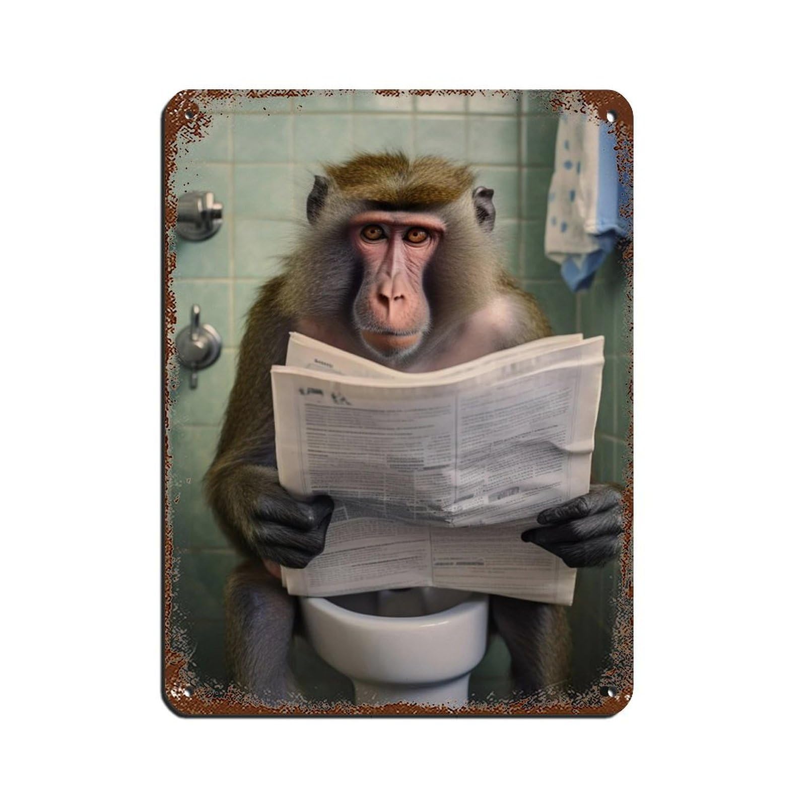 Mandrill Monkey Sitting on The Toilet Reading A Newspaper Tin Sign Vintage Metal Pub Club Cafe Bar Home Wall Art Decoration Poster Retro 12x16inch(30x40cm)