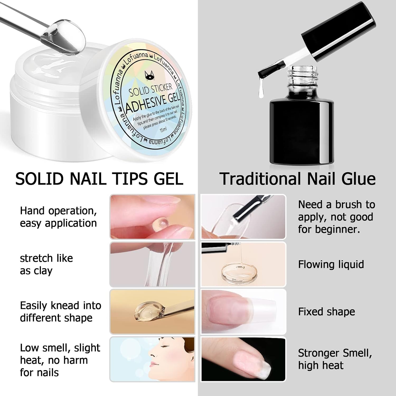 Lofuanna 15g Solid Gel Glue for Nail Tips,Nail Art Rhinestone Glue Gel,Solid Glue Gel Press on Nails UV/LED Needed,3D Sculpture Gel Nail Mold DIY Nail Art Design with Stirring Rod (2Pcs)