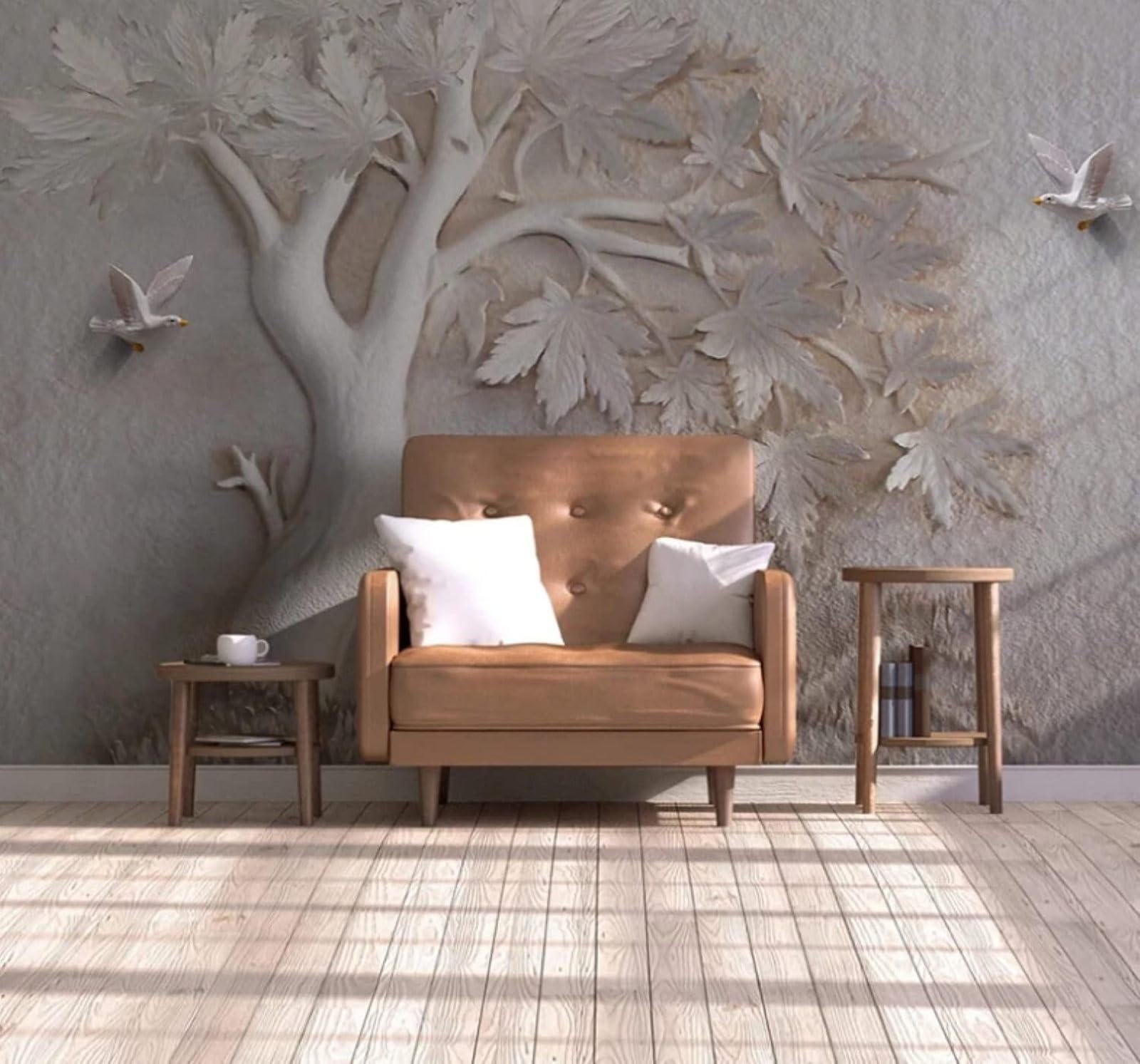 XLMING Creative Embossed Relief Maple Leaves Birds 3D Wallpaper Luxury Silk Study Dining Feature Sofa Grey Bedroom Living Room Tv Decorative Wall-400cm×280cm