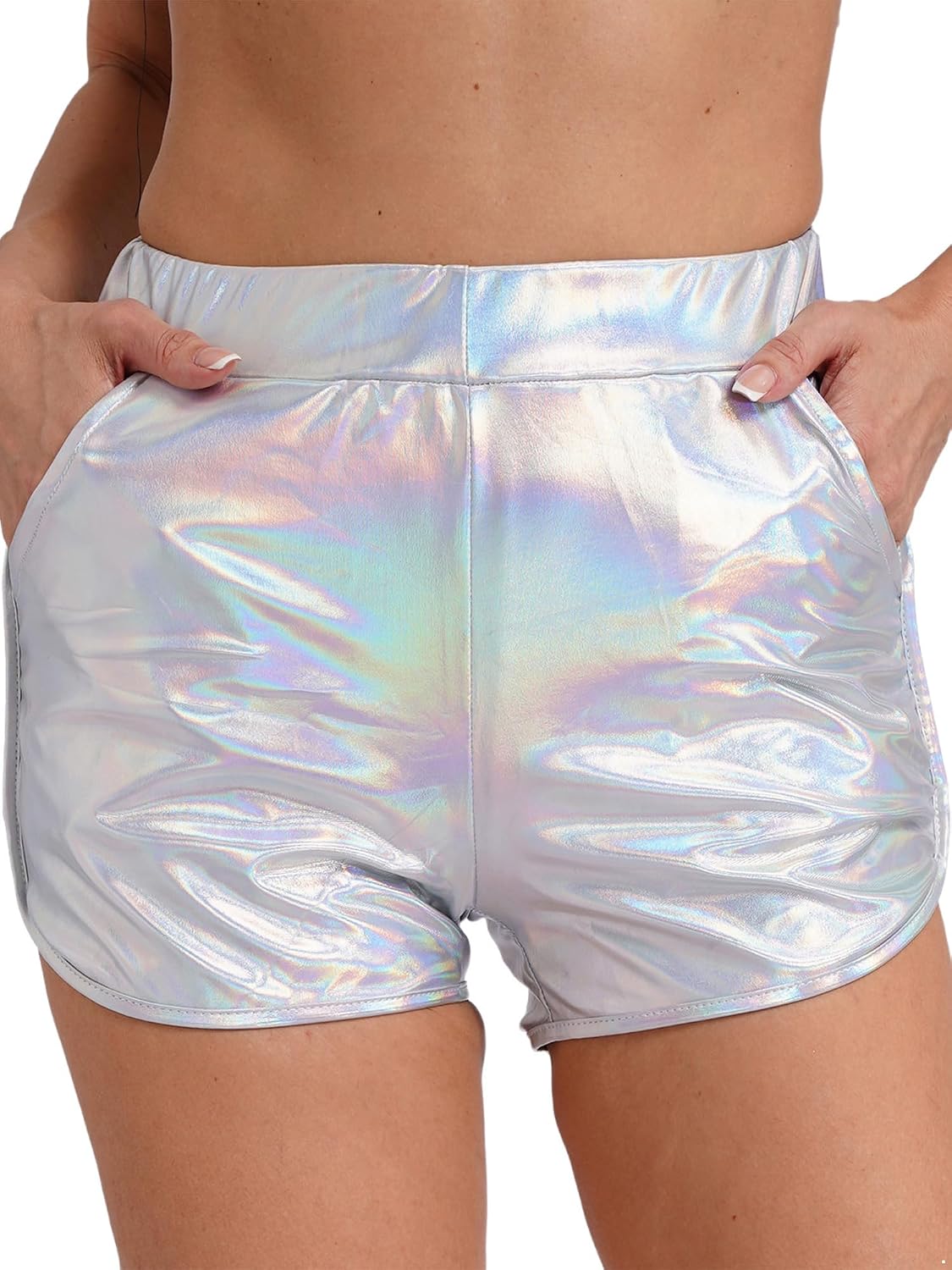 Linjinx Women's Shiny Metallic Rave Booty Shorts Hot Pants Dance Bottoms for Halloween Festival