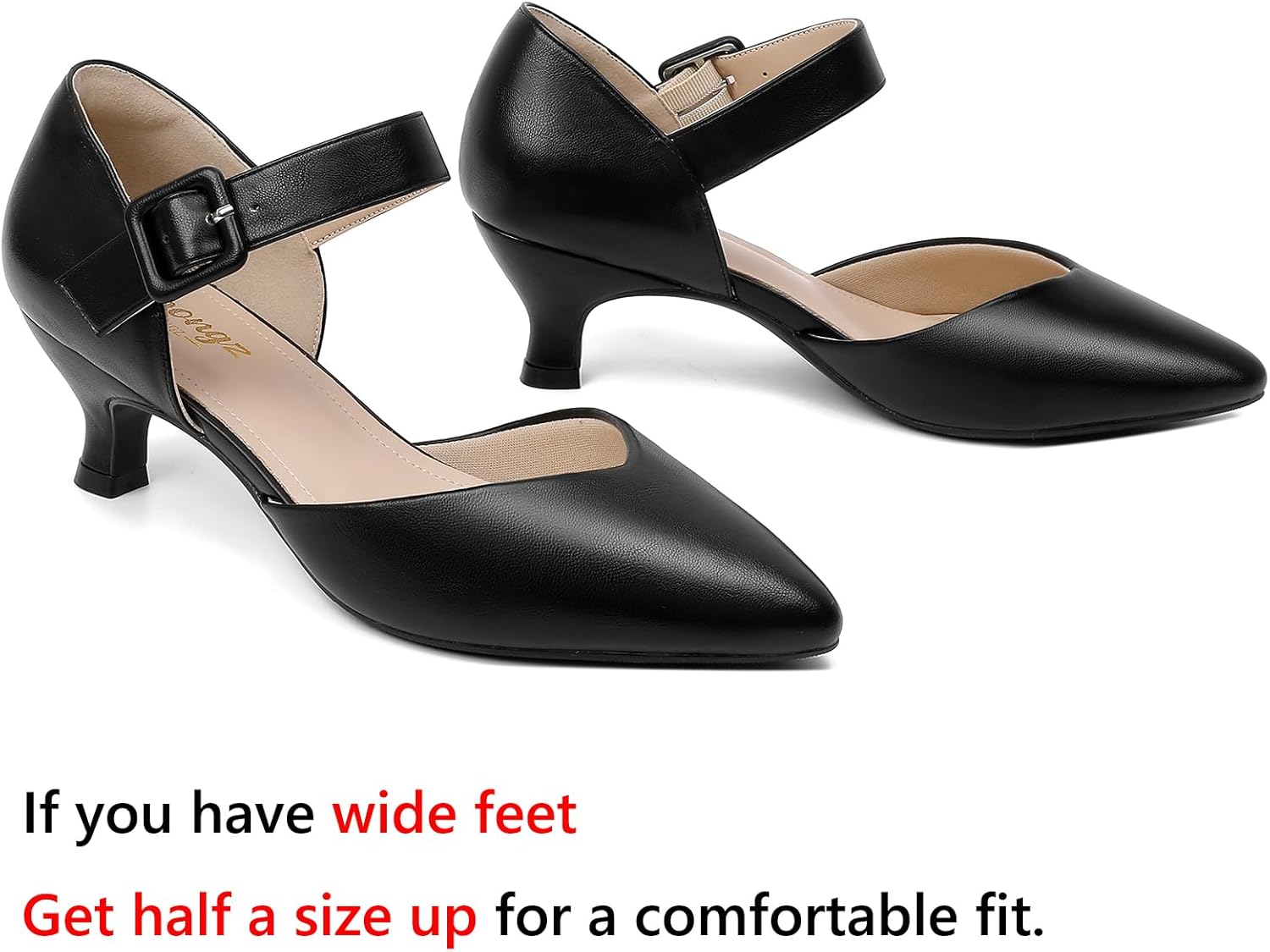 RIBONGZ Comfortable Kitten Heels for Women Pointed Closed Toe Ankle Strap Buckle Heels Slip on Low Heel Church Pumps Wedding Bridal Party Dressy Shoes - Image 4