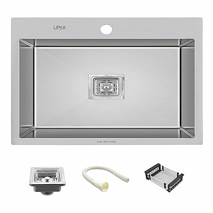 LIPKA Handmade Single Bowl 24x18x10 Inches Kitchen Sink with tap Hole | 304-Grade Stainless Steel Sink in Matte Finish | Sink with PVC Waste Pipe, SS Sink Coupling & Vegetable Basket