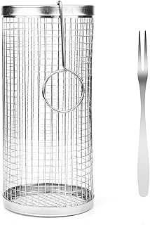 Rolling Grilling Basket, Stainless Steel BBQ Grill Basket Rolling Grilling Baskets for Outdoor Grilling Roller Grill Net Accessories for Outdoor Barbecue Camping (with Hook and Fork)
