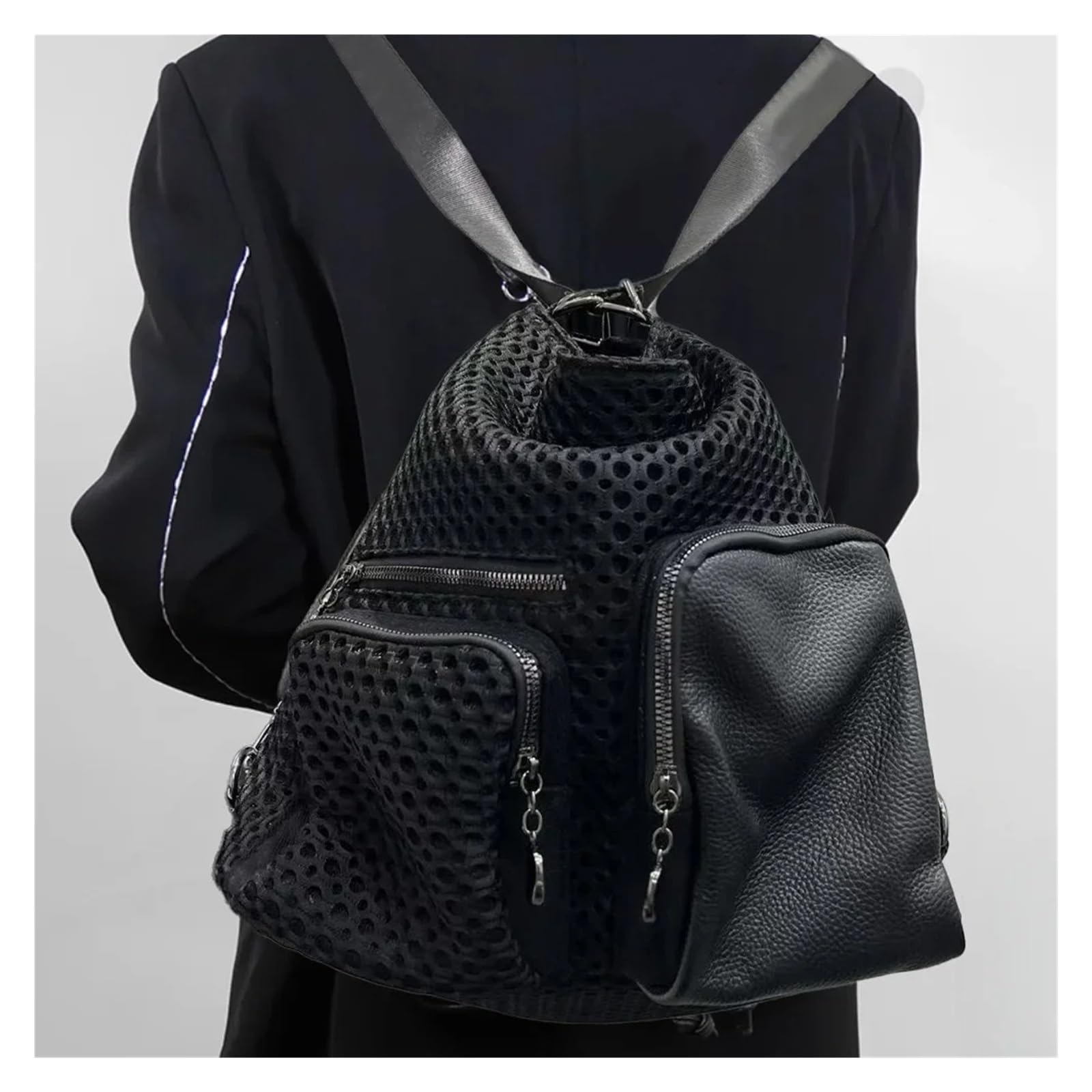 Zaino da donna alla moda in rete di nylon cucito con grande capacità, tasche multiple casual, borsa a tracolla leggera