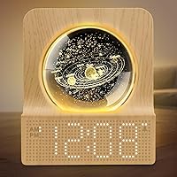 DreamSky Space Alarm Clock for Kids Teens - RGB Night Light 3D Solar System Crystal Ball, Dimmer Digital Clock Bedroom Decor Wood Grain
