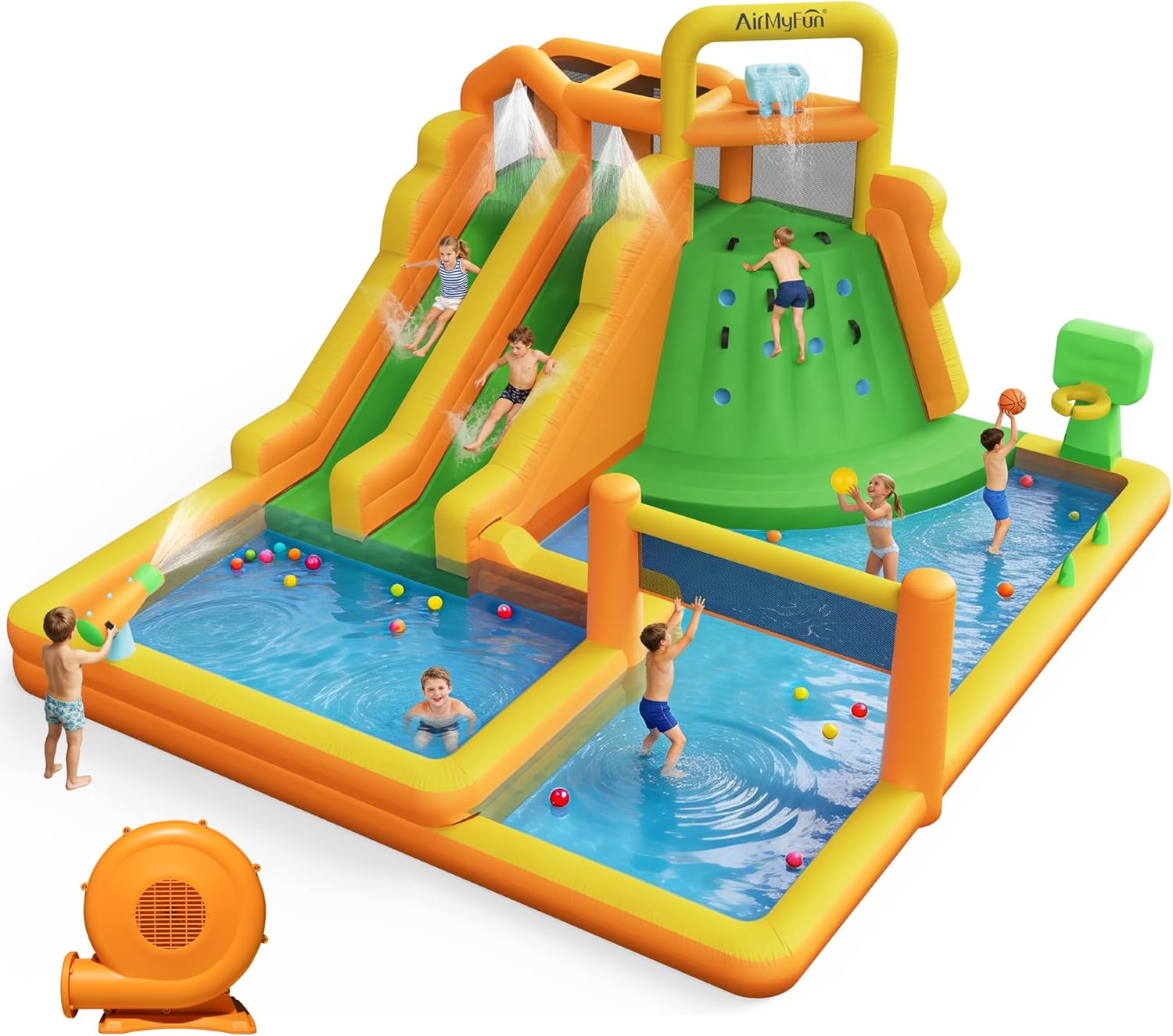 AirMyFun Inflatable Water Slide for Kids Backyard, 10 in 1 Water Park with Double Long Slides, Climbing Wall, Basketball Hoop, Water Cannon, Inflatable Water Bounce House with Blower