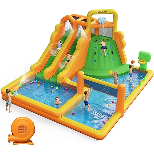 AirMyFun Inflatable Water Slide for Kids Backyard, 10 in 1 Water Park with Double Long Slides, Climbing Wall, Basketball Hoop, Water Cannon, Inflatable Water Bounce House with Blower