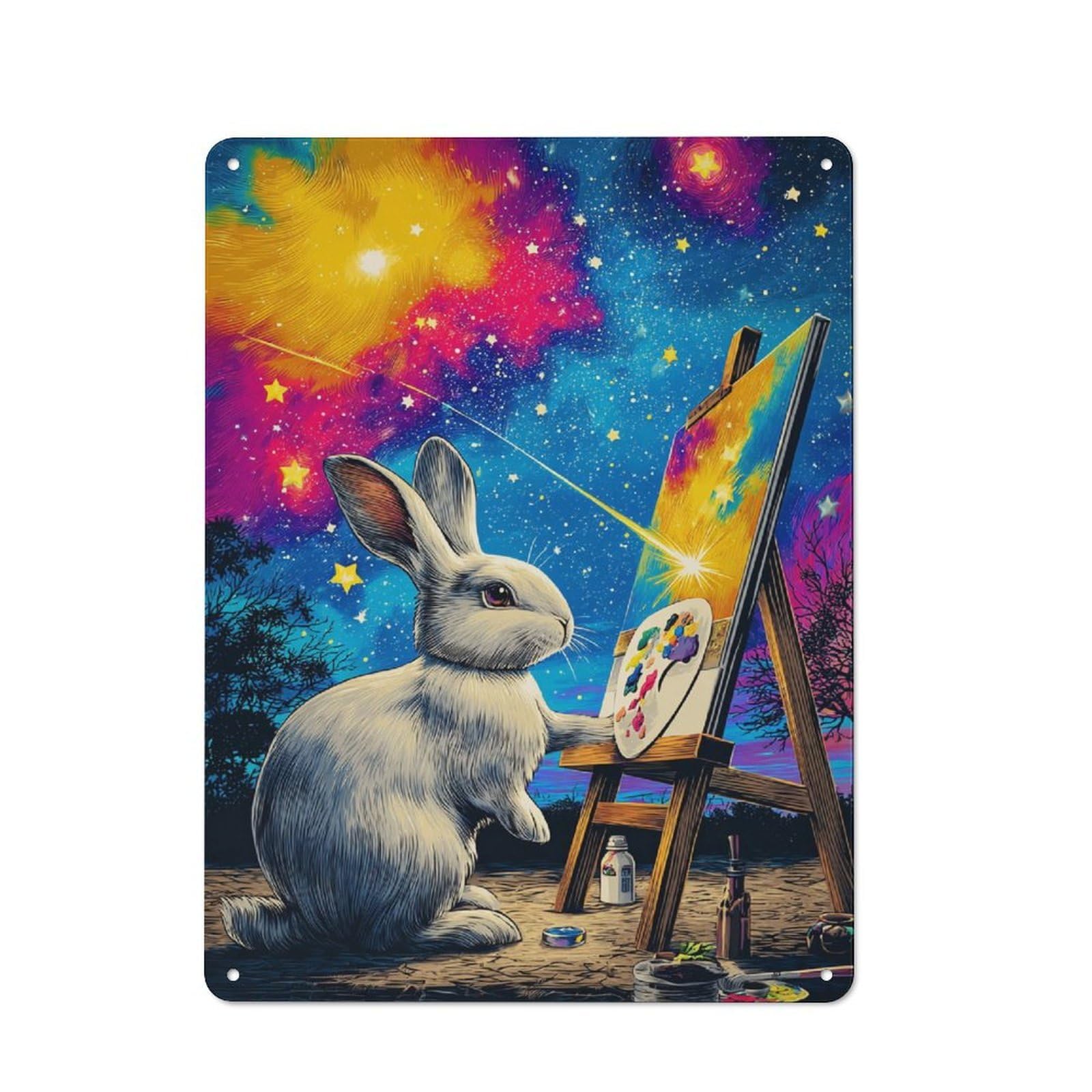 Junmoney Rabbit Painting In Space Tin Wall Plaque 40X30cm With For Garage Or Workshop, For Living Room, Hallway And Entrance Wall Decor