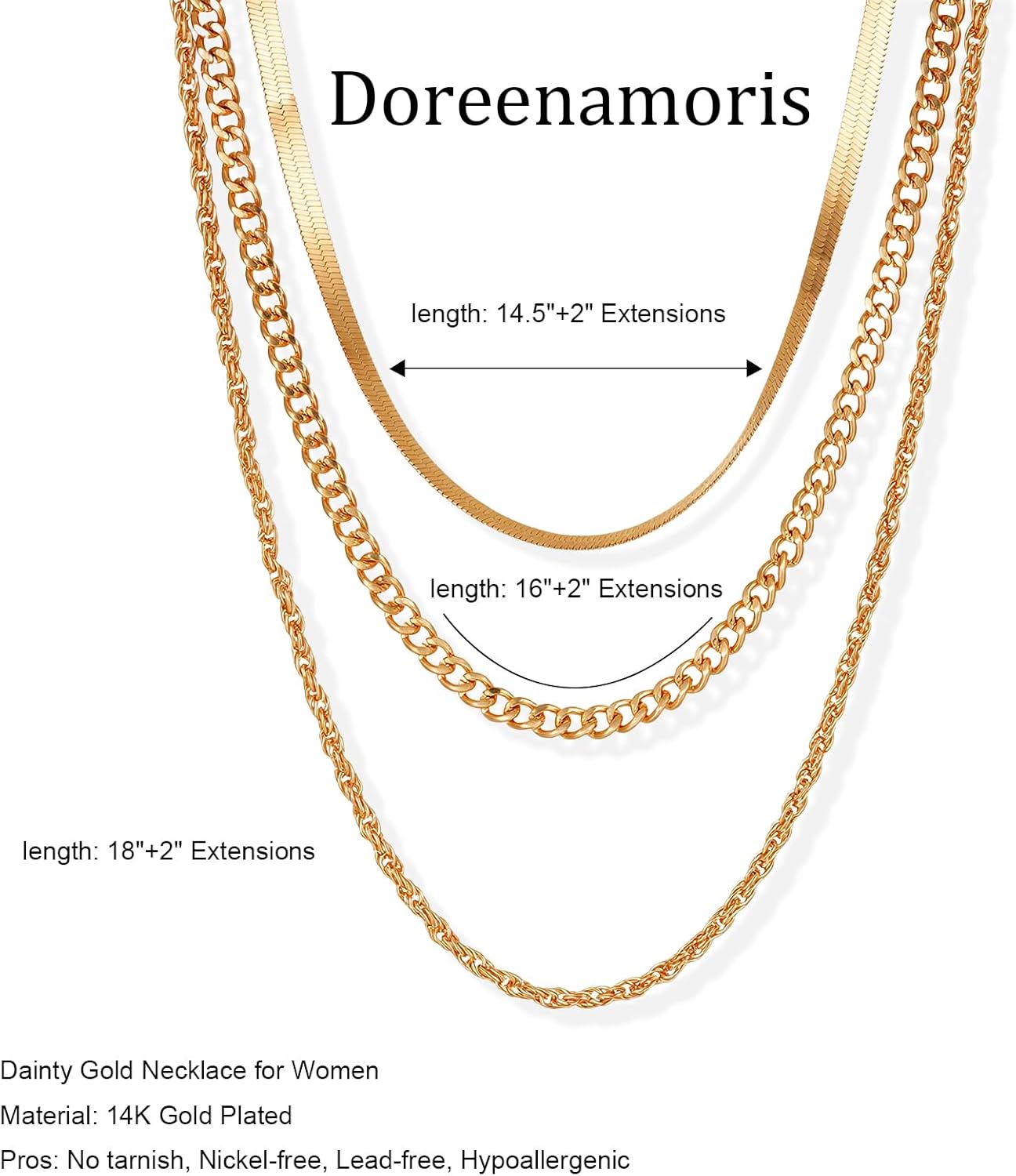 Doreenamoris Layered Necklaces for Women,Dainty Gold Necklace for Women Trendy 14K Gold Plated Necklace Set Stack Cuban Link Paperclip Chain Herringbone Jewelry Gifts 3Pcs - Image 4