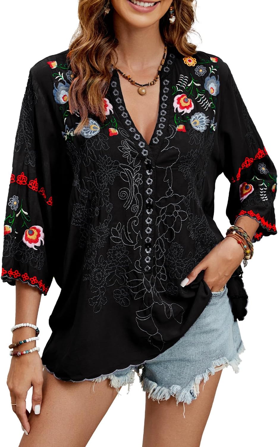 Mexican Shirts Peasant Blouses Cotton Embroidered 3/4 Sleeve Summer V Neck Tunic Bohemian Tops Boho Clothes for Women