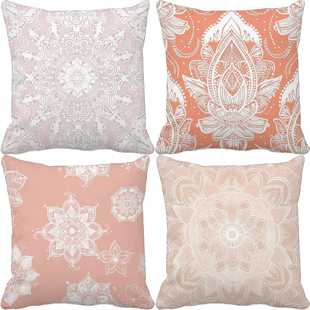 Poduszki na zewnątrz 65 x 65 cm, zestaw 4 różowych poszewek na poduszki w stylu boho, kwadratowe, na sofę, wodoodporne, lniane poszewki na poduszki na sofę, łóżko, patio, ogród, na zewnątrz, wiosenna