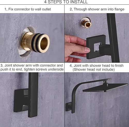 Miniatura 6 de Brazo de ducha negro mate con brida de 12 pulgadas montado en la pared, brazo de extensión de cabezal de ducha cuadrado de 10 pulgadas de alto,