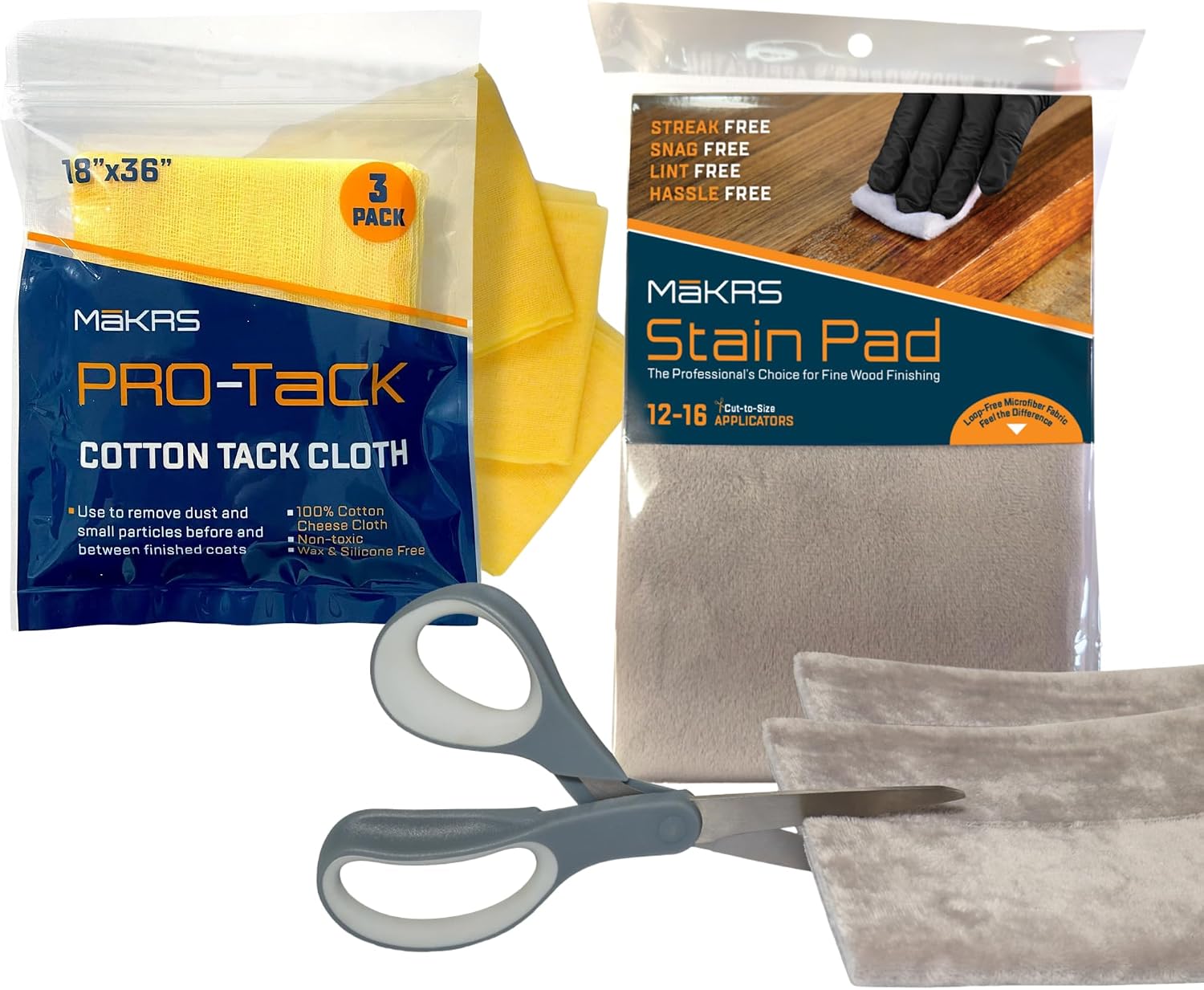MāKRS Wood Finishing Prep Bundle – 2-Pack Staining Pads & 3-Pack Pro-Tack Cloths – Lint-Free Applicator Pads and Dust-Removing Tack Cloths for Wood Stains, Paints, and Finishes
