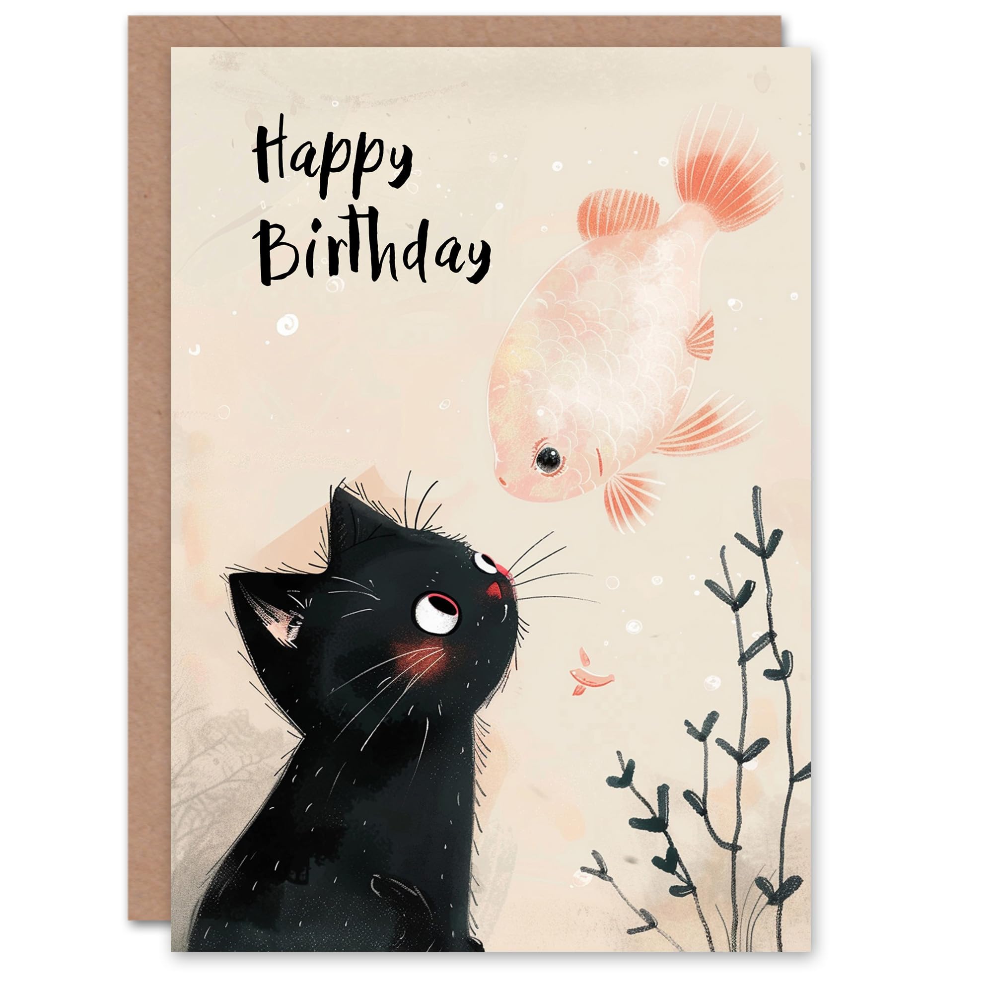 Artery8 Birthday Card Cute Black Kitten Flying Goldfish Illustration For Son Daughter Girl Boy Kids Happy Card