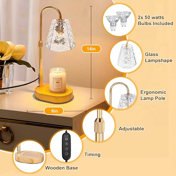 GKXLH Height Adjustable Candle Warmer Lamp with 2 Bulbs (Octagon Clear) | Gifts for Women Men, Dimmable Candle Warmer with Timer, Candle Lamp for Jar Candles, Scented Wax Melt Warmer for Home Decor [Energy Class G]