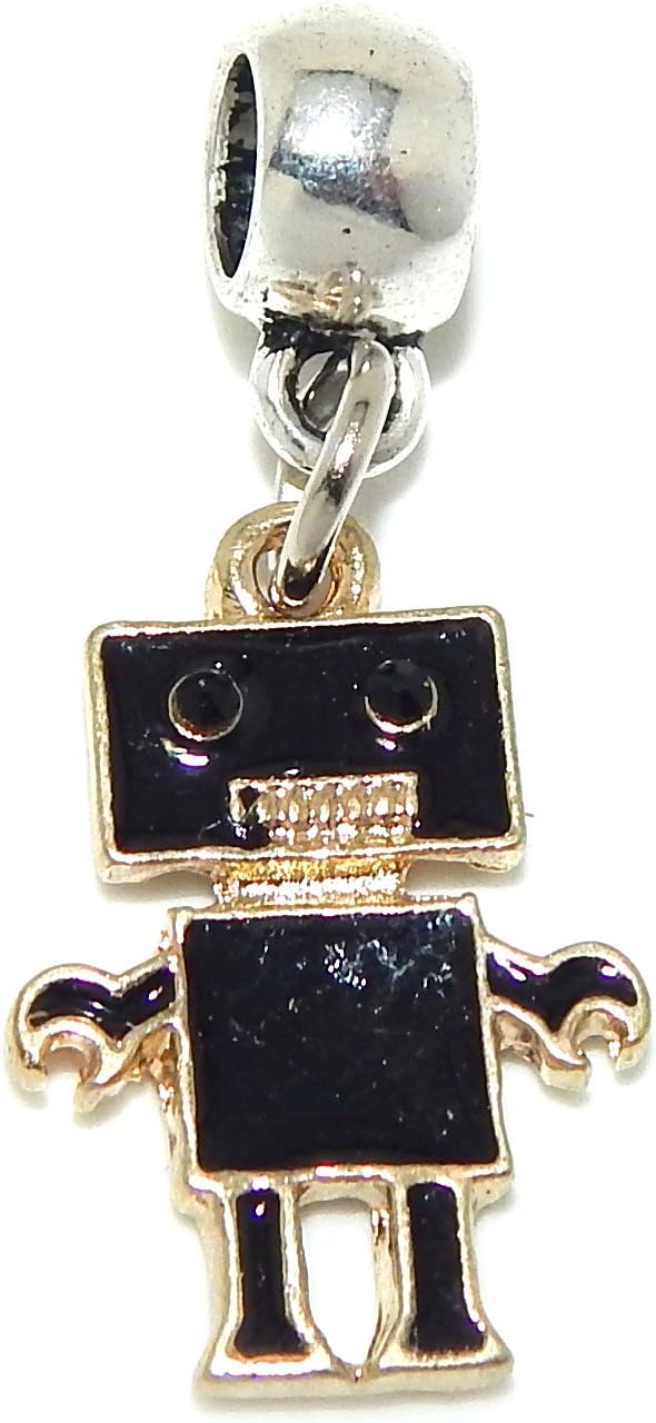Jewelry Monster Dangling Gold Tone "Black Robot" Charm Bead B65239