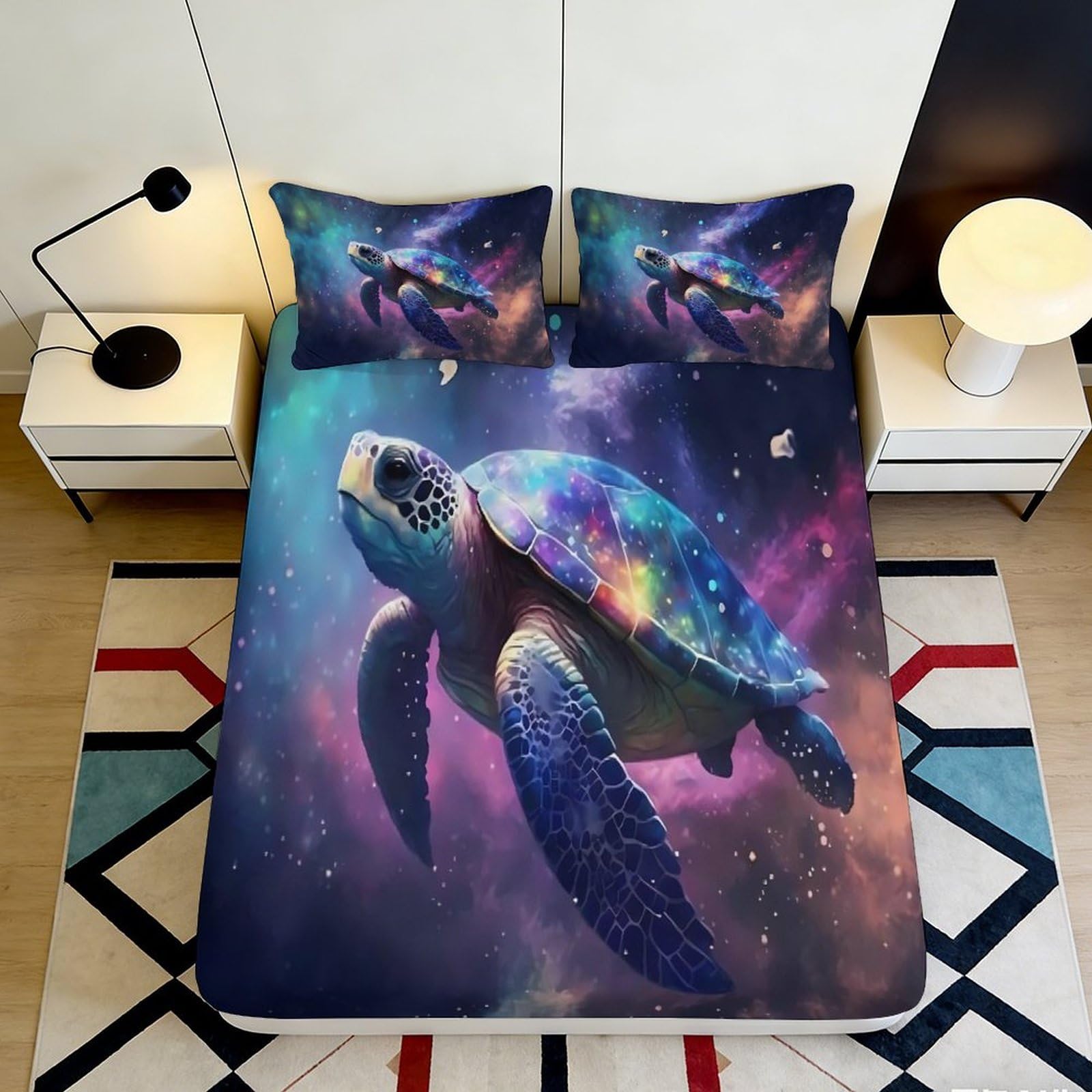 3D Printed Galaxy Turtle Fitted Sheet Microfiber Adult Bedroom Non-Slip Deep Pocket Turtle Mattress Fitted Cover 200x200x25cm 90x200x25cm