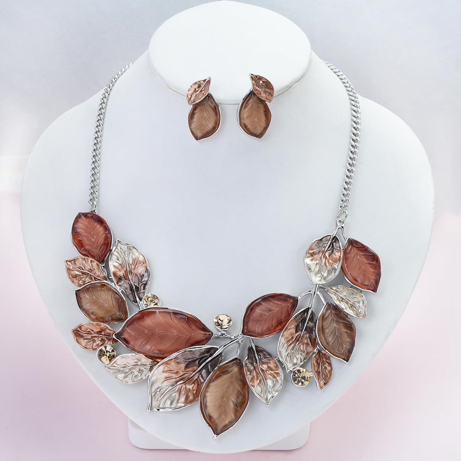 Vintage Statement Jewelry Set Leaf Floral Bohemian Boho Statement Necklace Earring Set Crystal Fashion Costume Jewelry