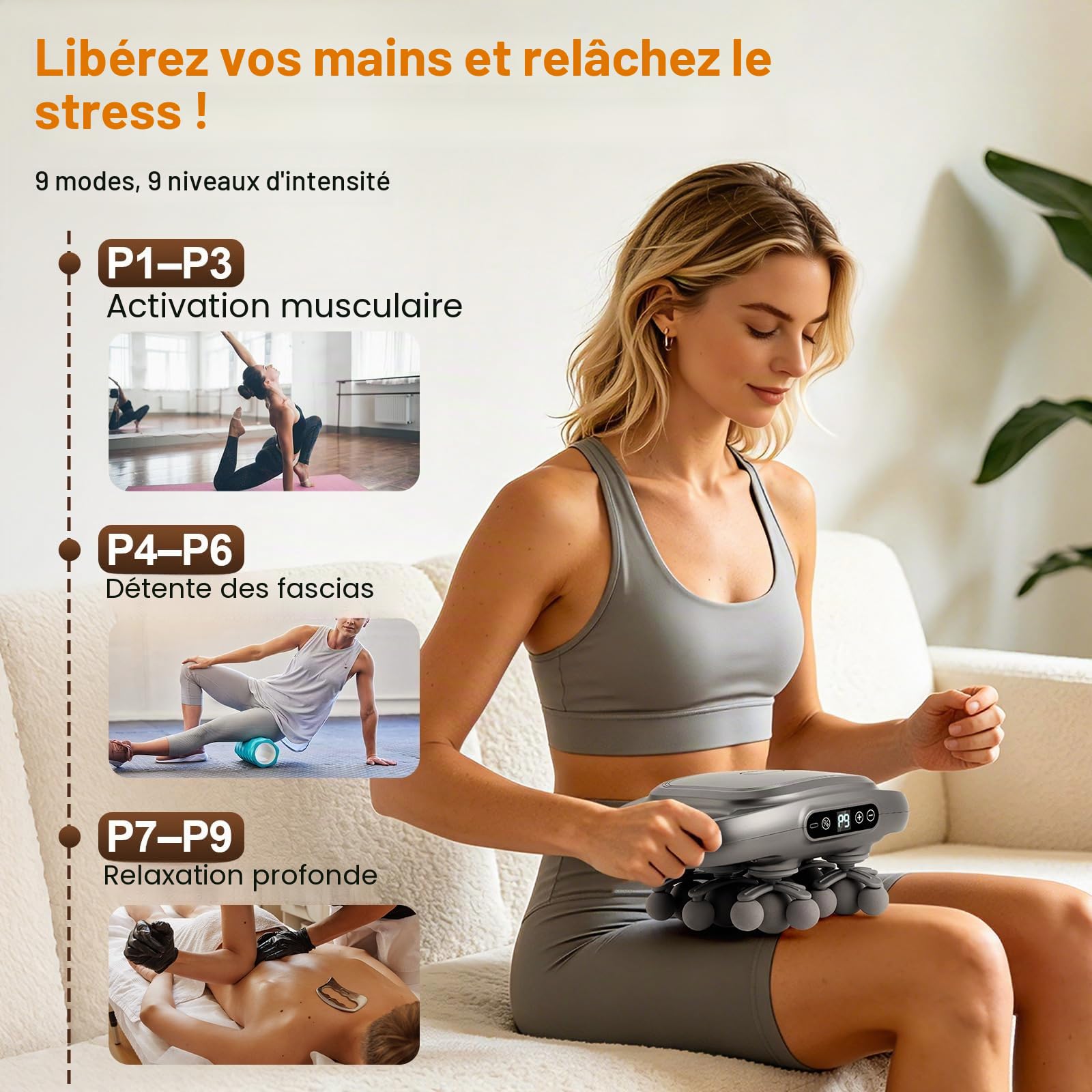 Pistolet de massage à 22 têtes, pistolet de massage musculaire rechargeable avec 9 modes et 9 niveaux, écran LCD, thérapie par lumière rouge