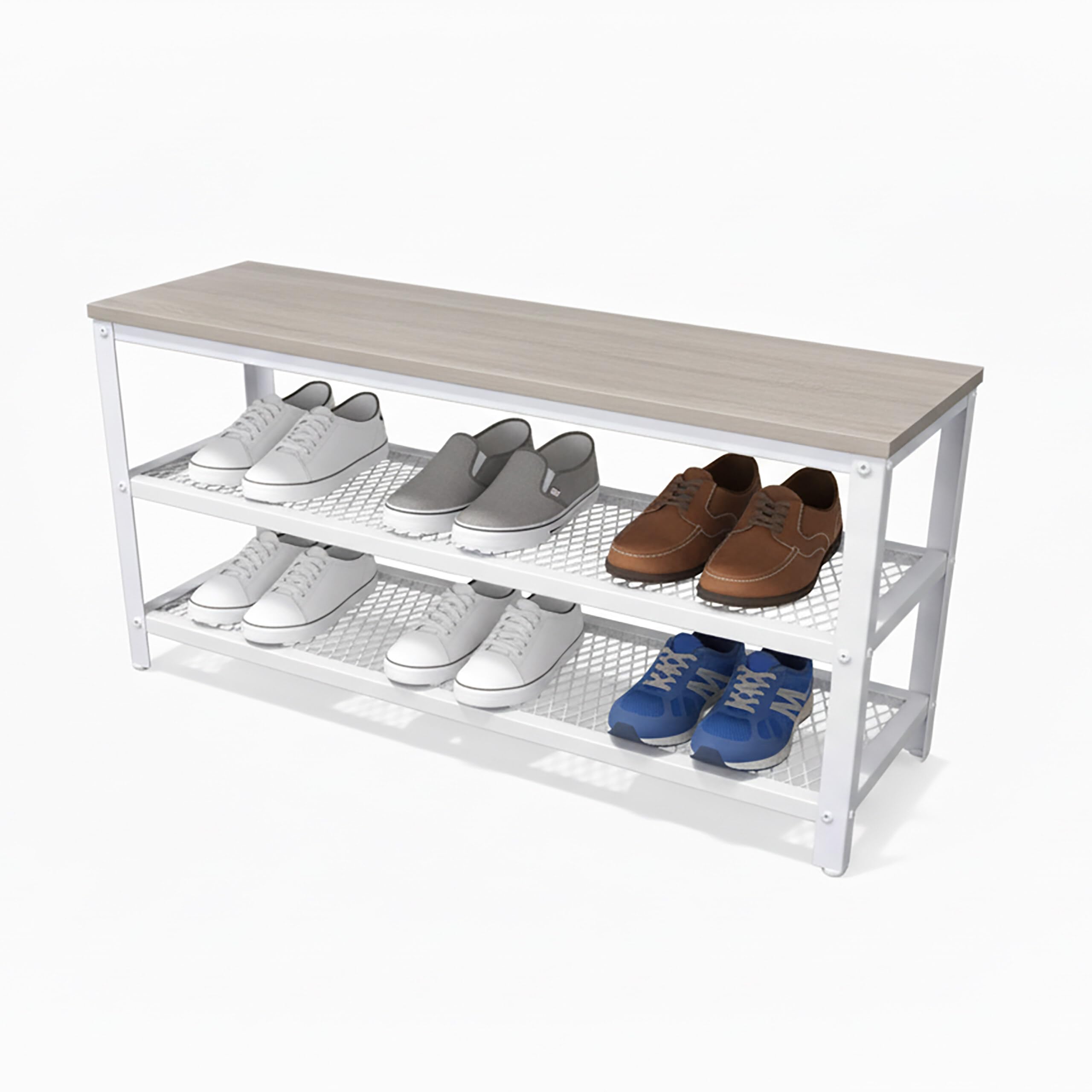 Relaxdays Banco para Zapatos 8 Pares, 2 estantes Rejilla, Efecto Madera, marrón Claro/Blanco, 45x100x30 cm