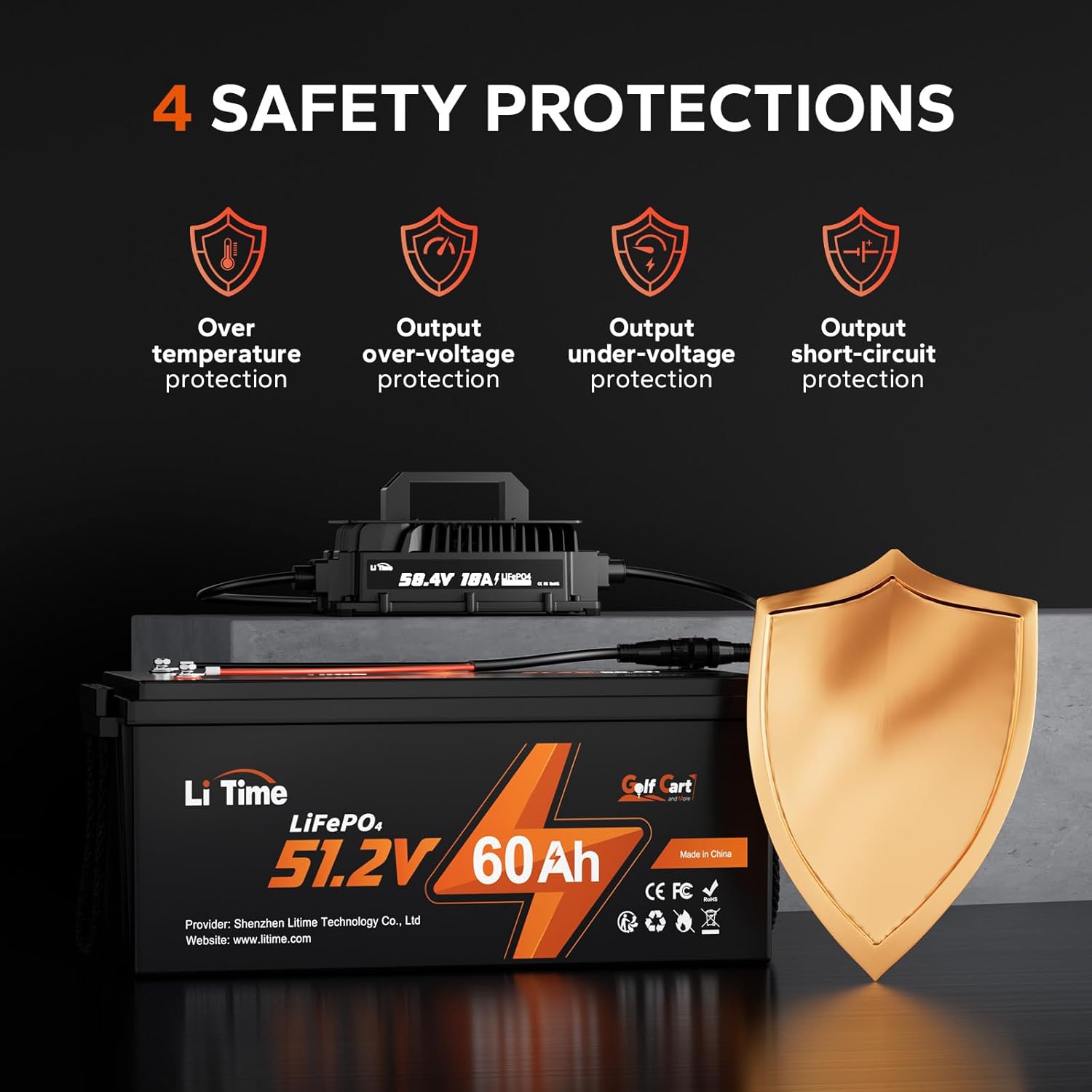 LiTime 58.4V 18A Lithium Battery Charger for 48V (51.2V) LiFePO4 Battery,IP65 Waterproof,AC-DC Smart Charger for Golf cart, Electric Outboard, Boat and Home - Image 6