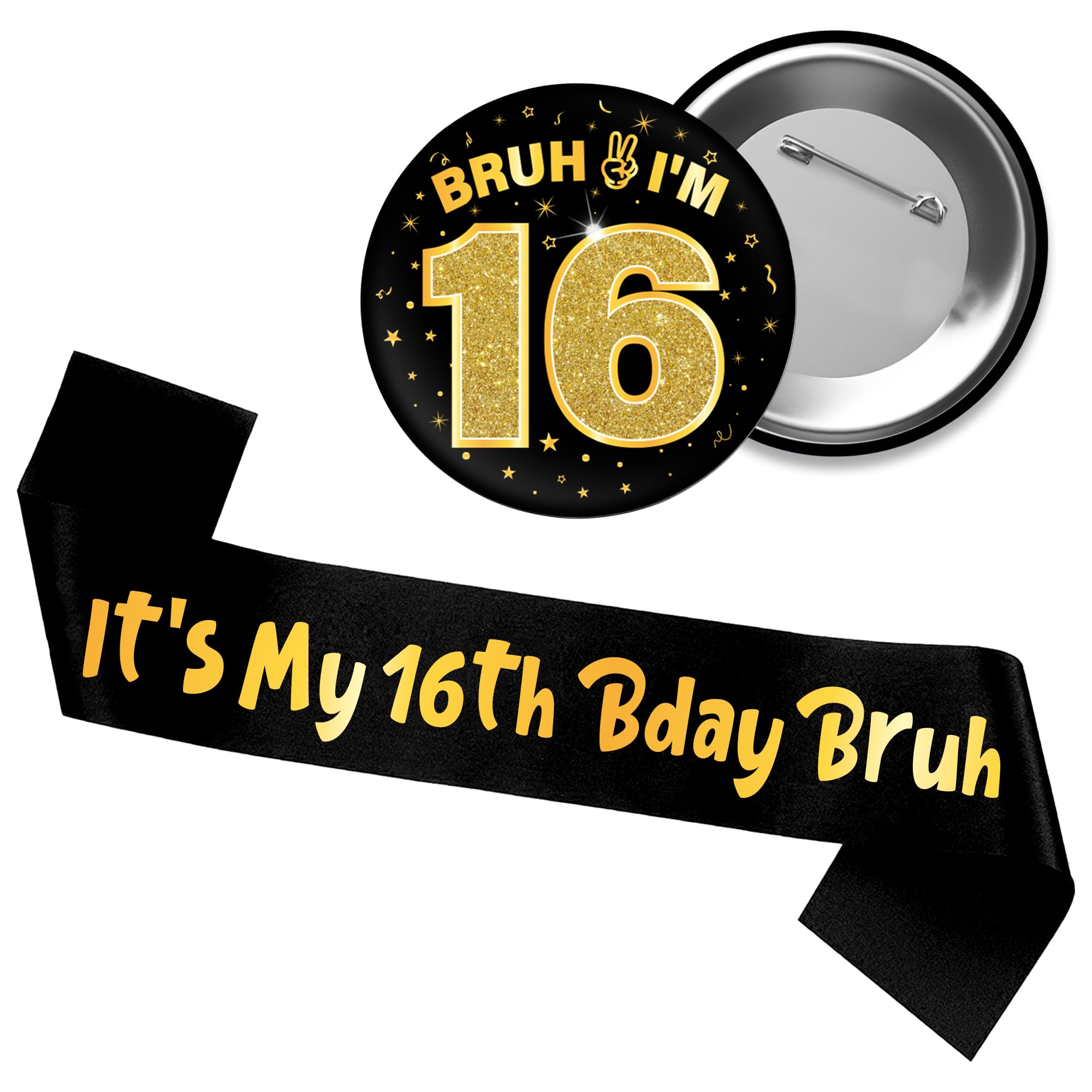 16th Birthday Decorations Badge Sash - Glitter Black Gold Sash & Badge Set