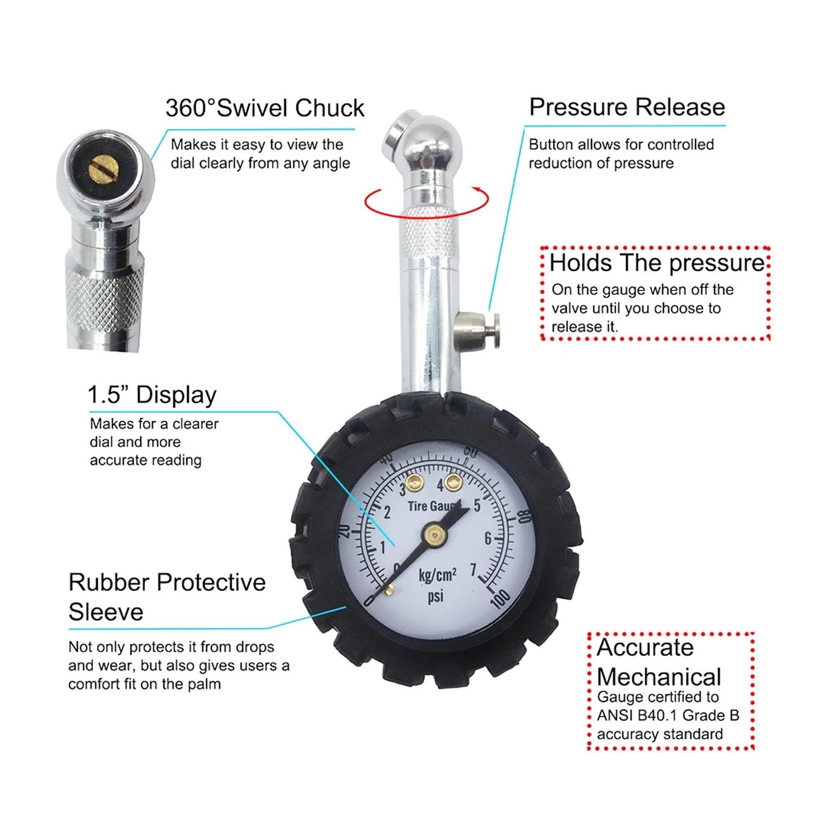 Manomètre De Pression De Pneu Intelligent, 100 Psi, Analogique, Professionnel, For Valves, Voitures, Vélos, Motos, Mécaniciens Facile à Utiliser