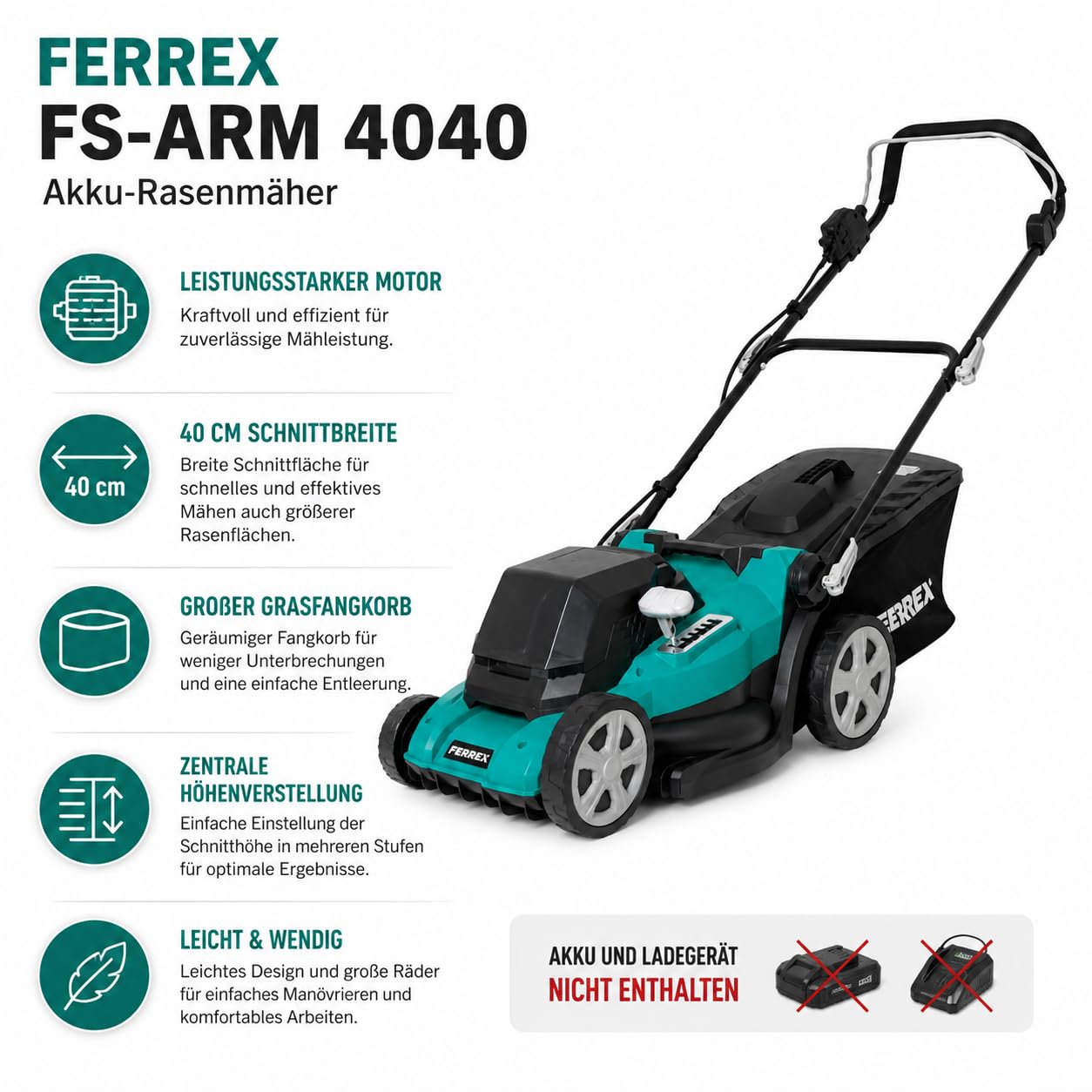 FERREX Akku-Rasenmäher FS-ARM 4040, 40V, Brushless Motor, 40 cm Schnittbreite, 45 L Grasfangkorb, 6-Fach Schnitthöhenverstellung, ohne Akku