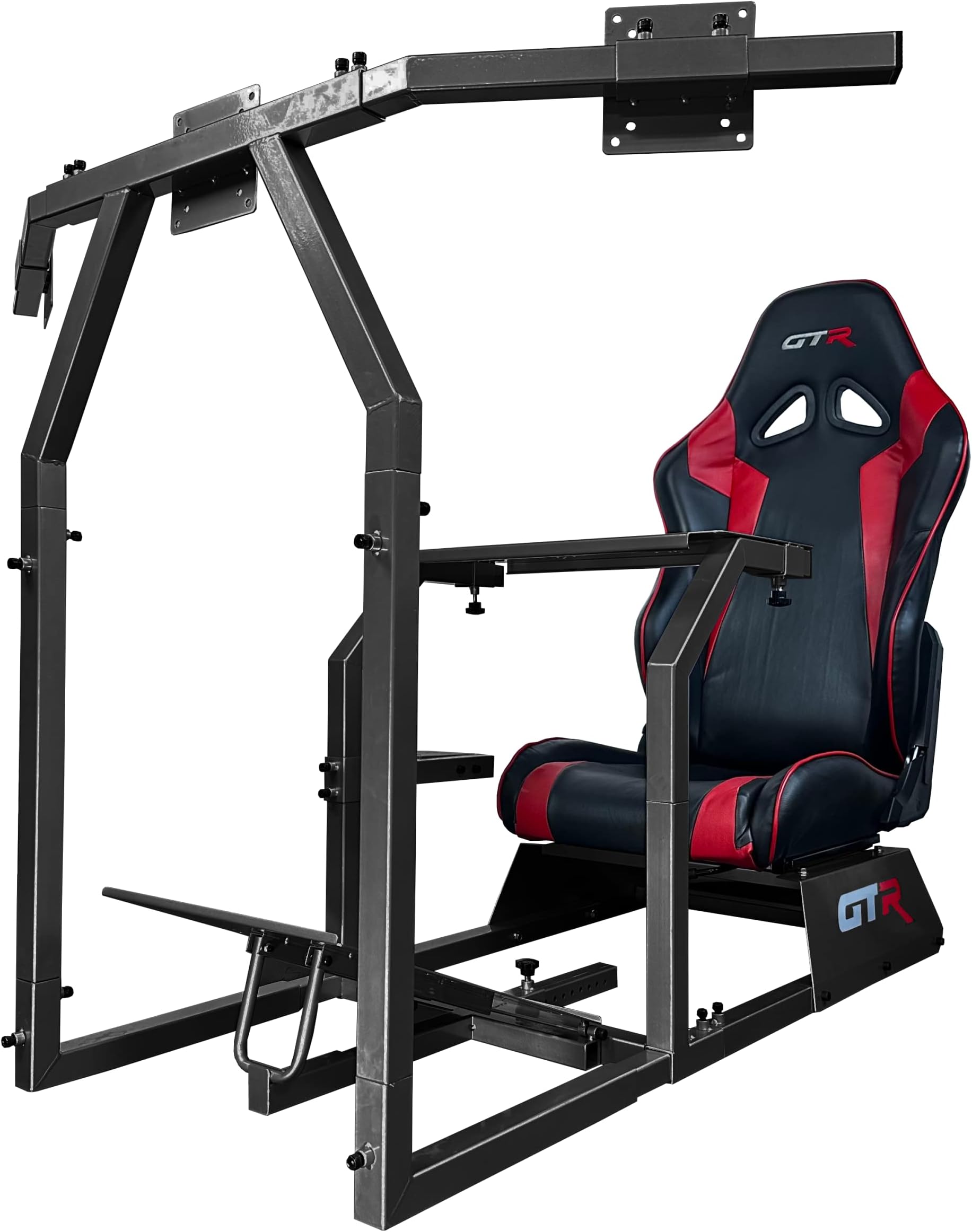 GTR Simulator GTAF-BLK-S105LBKRD - GTA-F Model (Black) Triple or Single Monitor Stand with Black/Red Adjustable Leatherette Seat, Racing Simulator Cockpit Gaming Chair Single Monitor Stand