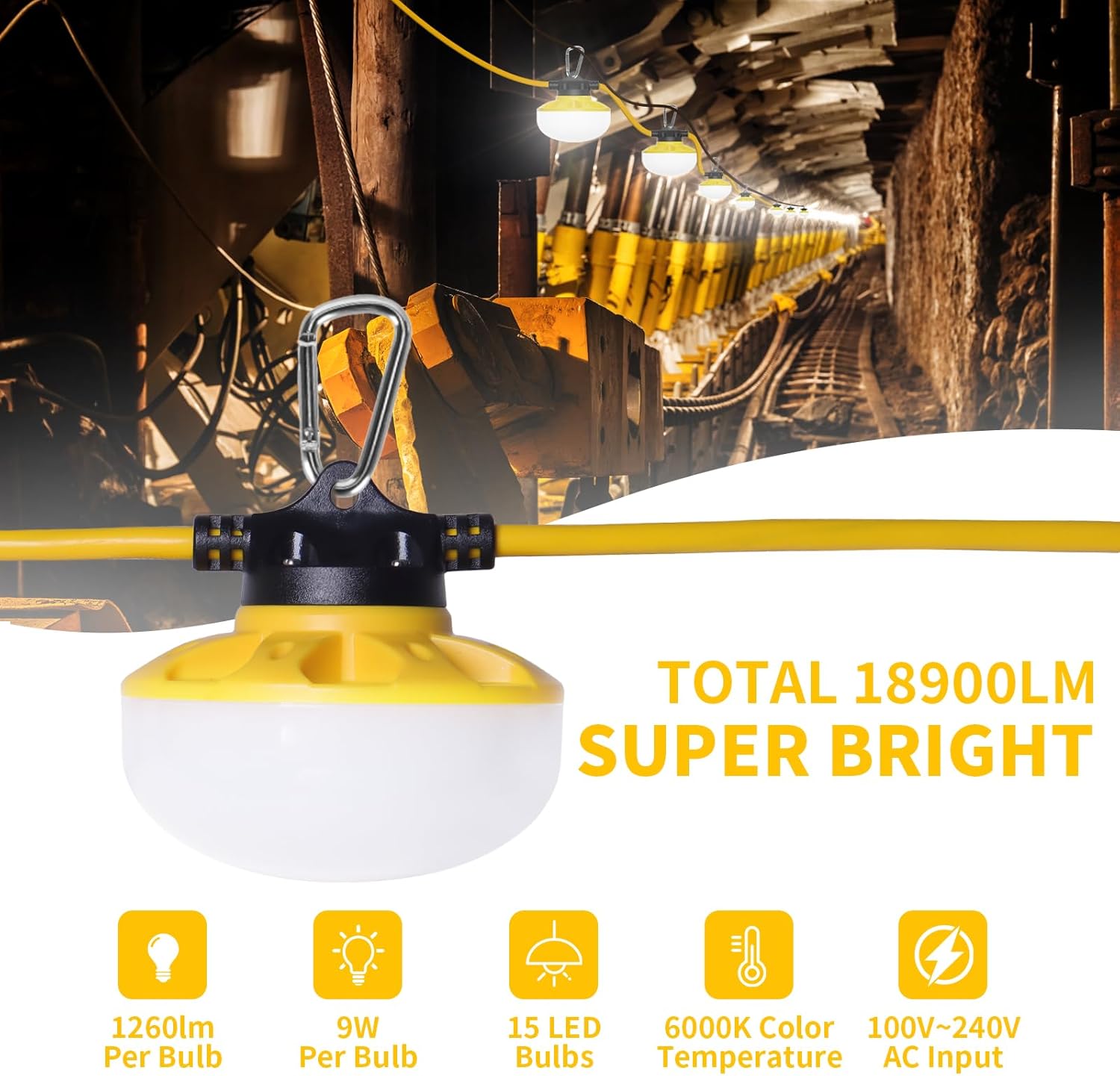 150FT LED Construction String Lights, 135W 18900LM LED String Work Lights with 15 Bulbs & Hooks, IP65 Waterproof 6000K Industrial Grade Lighting for Renovation, Mine Cave, Job Site, Walkways