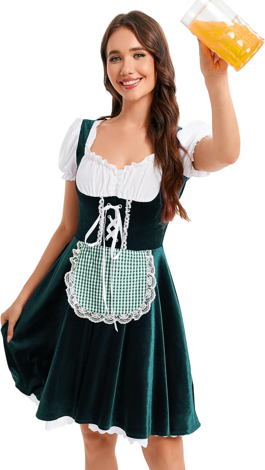Yesfashion Women's Oktoberfest Dirndl Dress Square Neck Stretch Velvet Dirndl Side Zipper Beer Festival Costume
