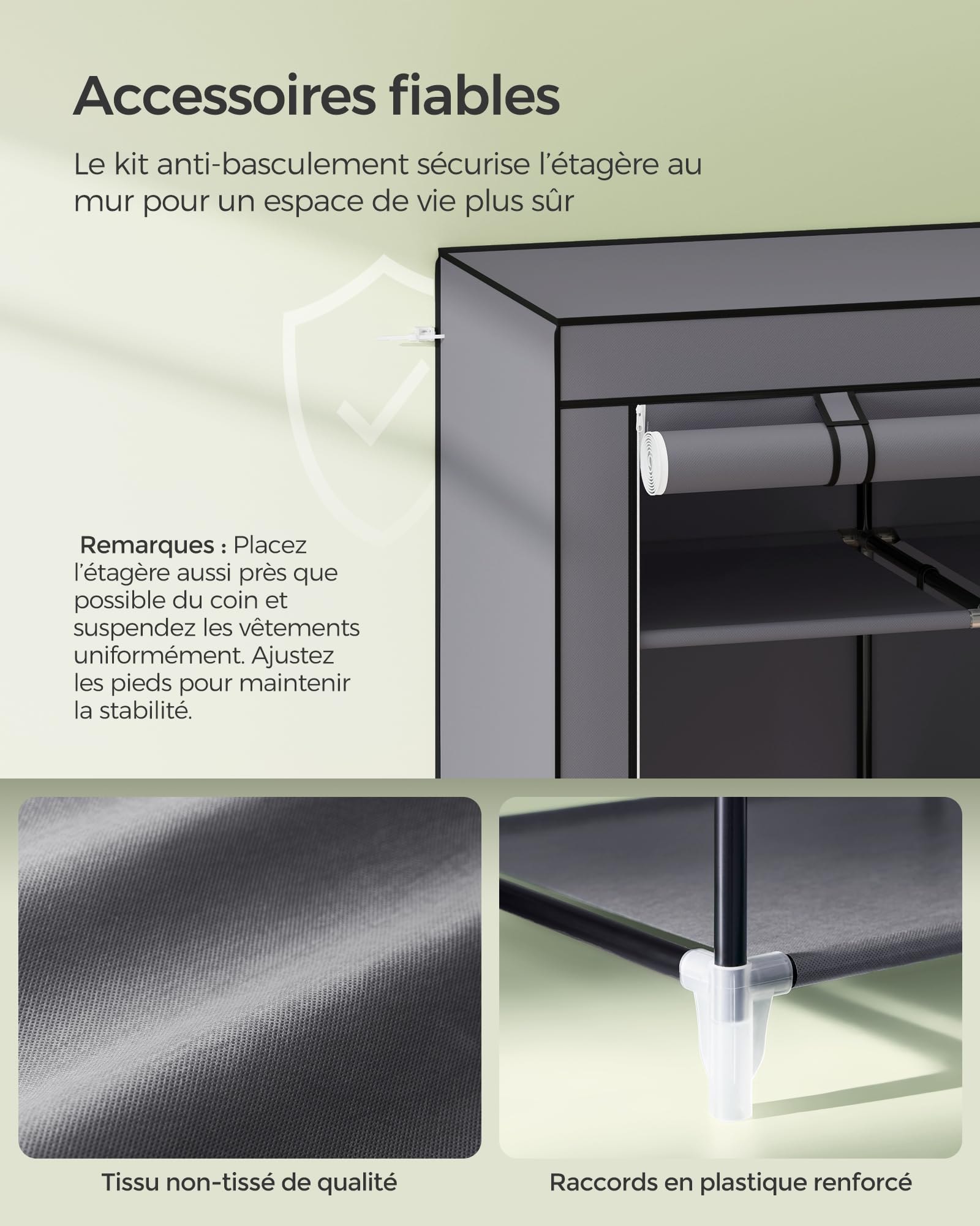 Songmics RYG12G Armoire de rangement en toile Gris 175 x 150 x 45 cm, tissu non tissé 95 g/m², tube métallique de 16 mm, connecteurs en plastique, 150 x 45 x 175 cm (L x W x H)