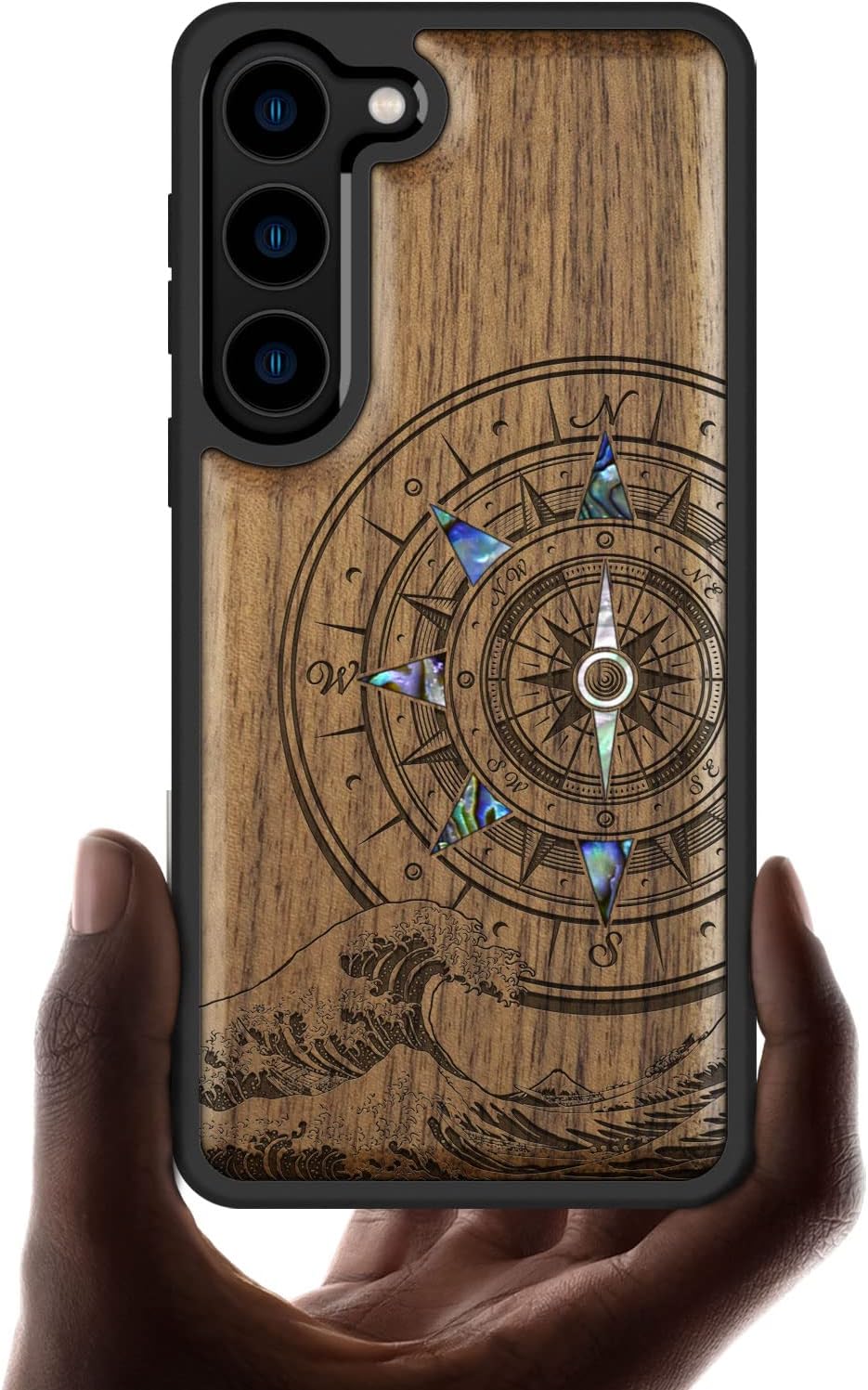 Carveit Designer Wooden Case for Samsung Galaxy S23 Cover [Wood Engraving & Shell Inlay] Wood Phone Case Compatible with Wireless Chargers Galaxy S23 Case (Wave Compass-Walnut)