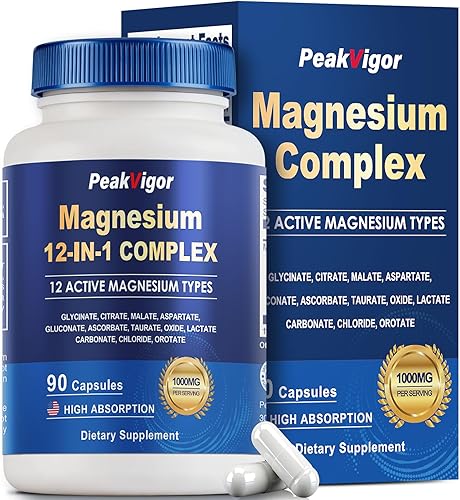 12 in 1 Magnesium Complex for Women & Men, 1000mg Magnesium Supplement with Glycinate, Citrate, Malate & 9 Forms, High Absorption, Sleep Support,