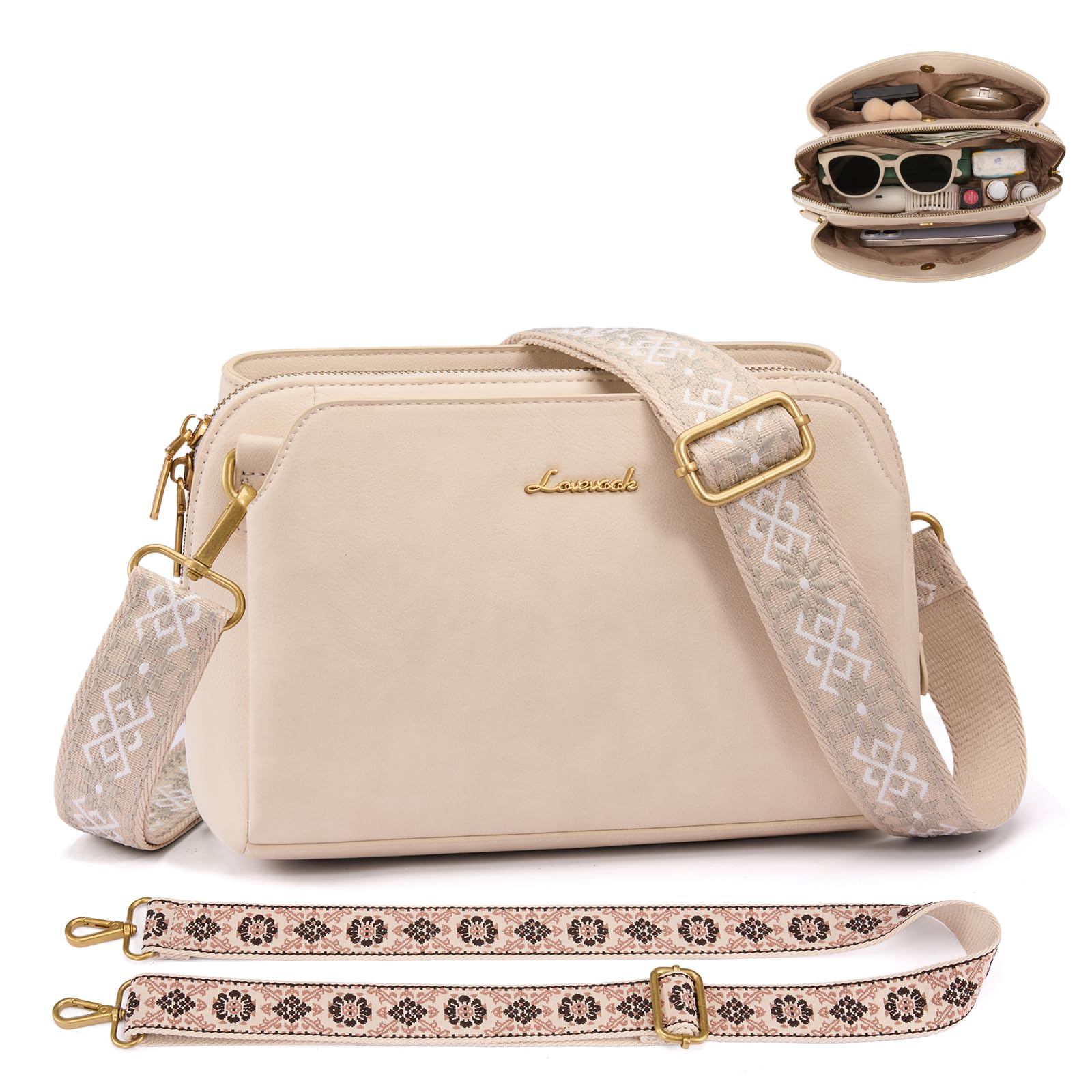 LOVEVOOK Umhängetasche Damen, Kleine Handtasche, Schultertasche Mittelgroß | mit 2 Breiten Schultergurten, RFID Blocker Kartenhülle, 3 Fächer, Crossbody Bag für Büro Uni Freizeit & Pendler, Beige