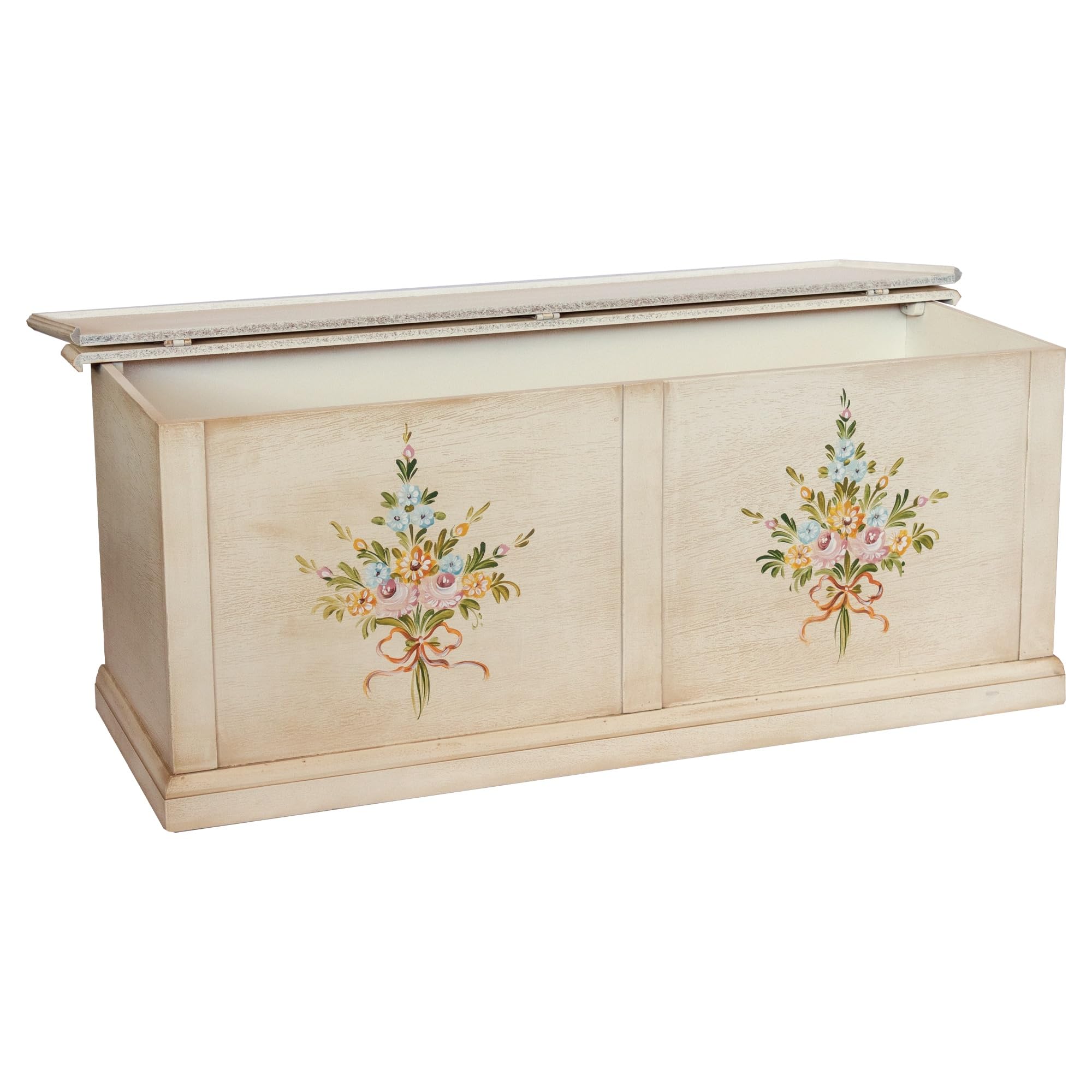 Vicentini arreda CASSAPANCA BAULE IN LEGNO SHABBY CHIC AP BIANCO ANTICATO DECORATO CON FIORI