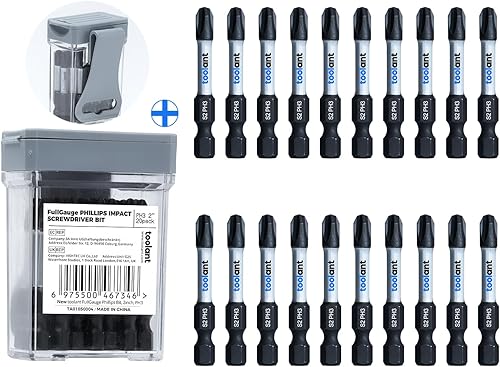 toolant Juego de puntas de destornillador de impacto antideslizantes magnéticas Phillips de 2 pulgadas, 20 piezas de inserción S2 de acero PH3 con